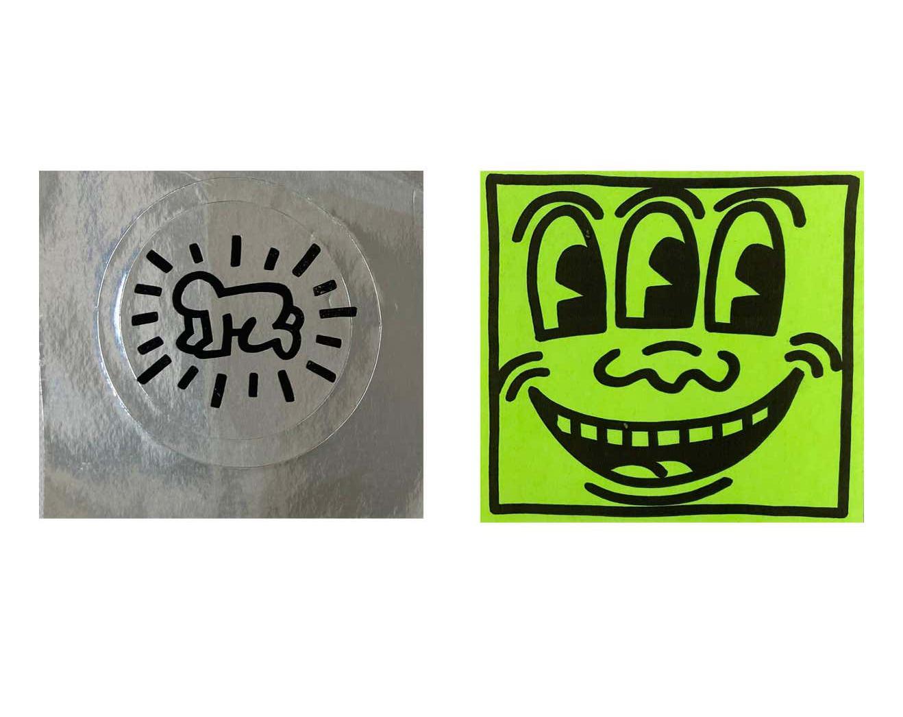 Keith Haring Crawling Baby & Three Eyed Smiling Face stickers circa early/ mid 80s. Set of 2.

Originally produced by Haring for his first solo gallery exhibition in 1982, then later sold/given out at Haring's New York Pop Shop throughout the 1980s.