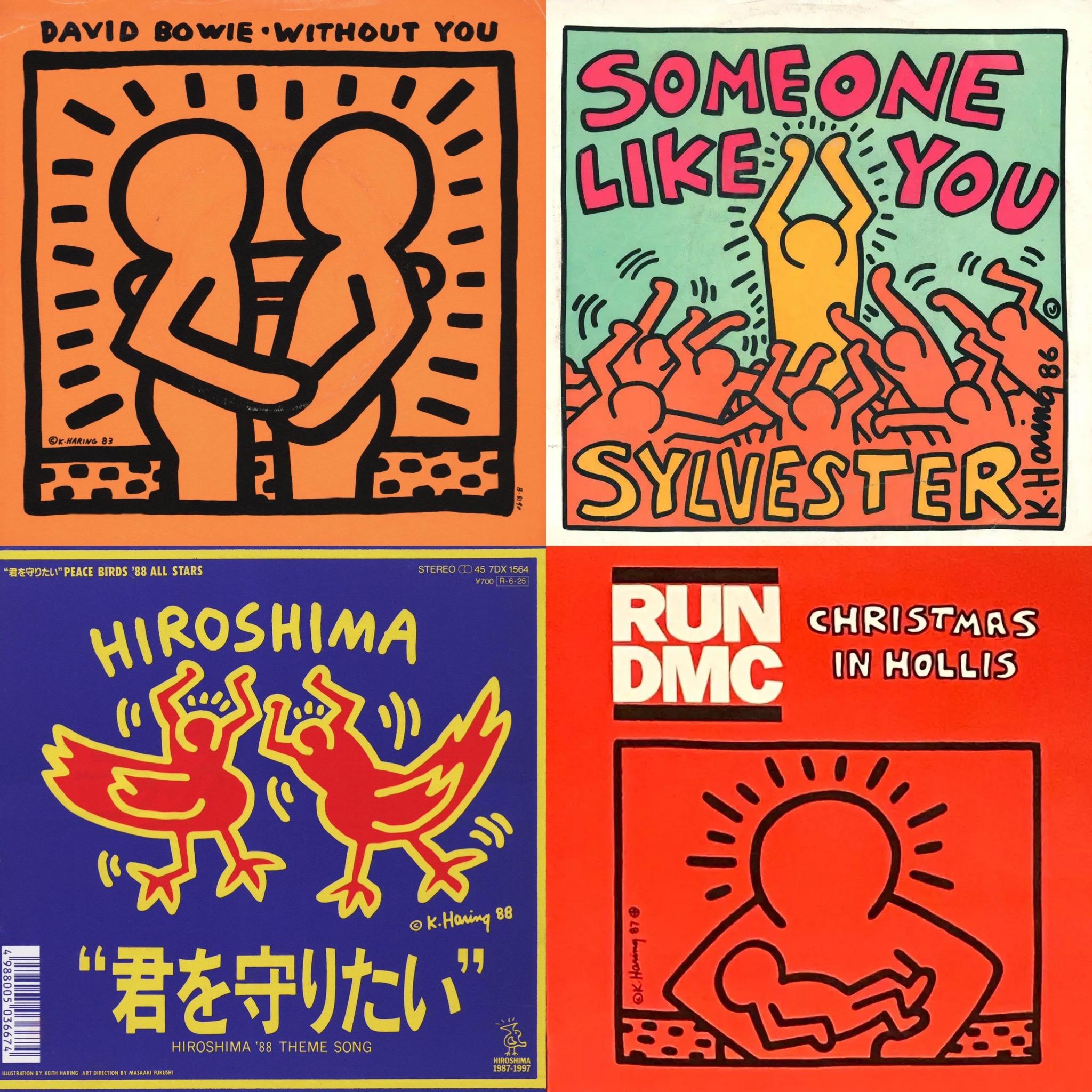 Raras portadas de discos vintage de Keith Haring de los años 80: (Conjunto de 4: 1983-1987):

Cuatro álbumes individuales de 7 pulgadas -todos ilustrados por Haring en vida- que constituyen un arte de pared de Keith Haring de los años 80