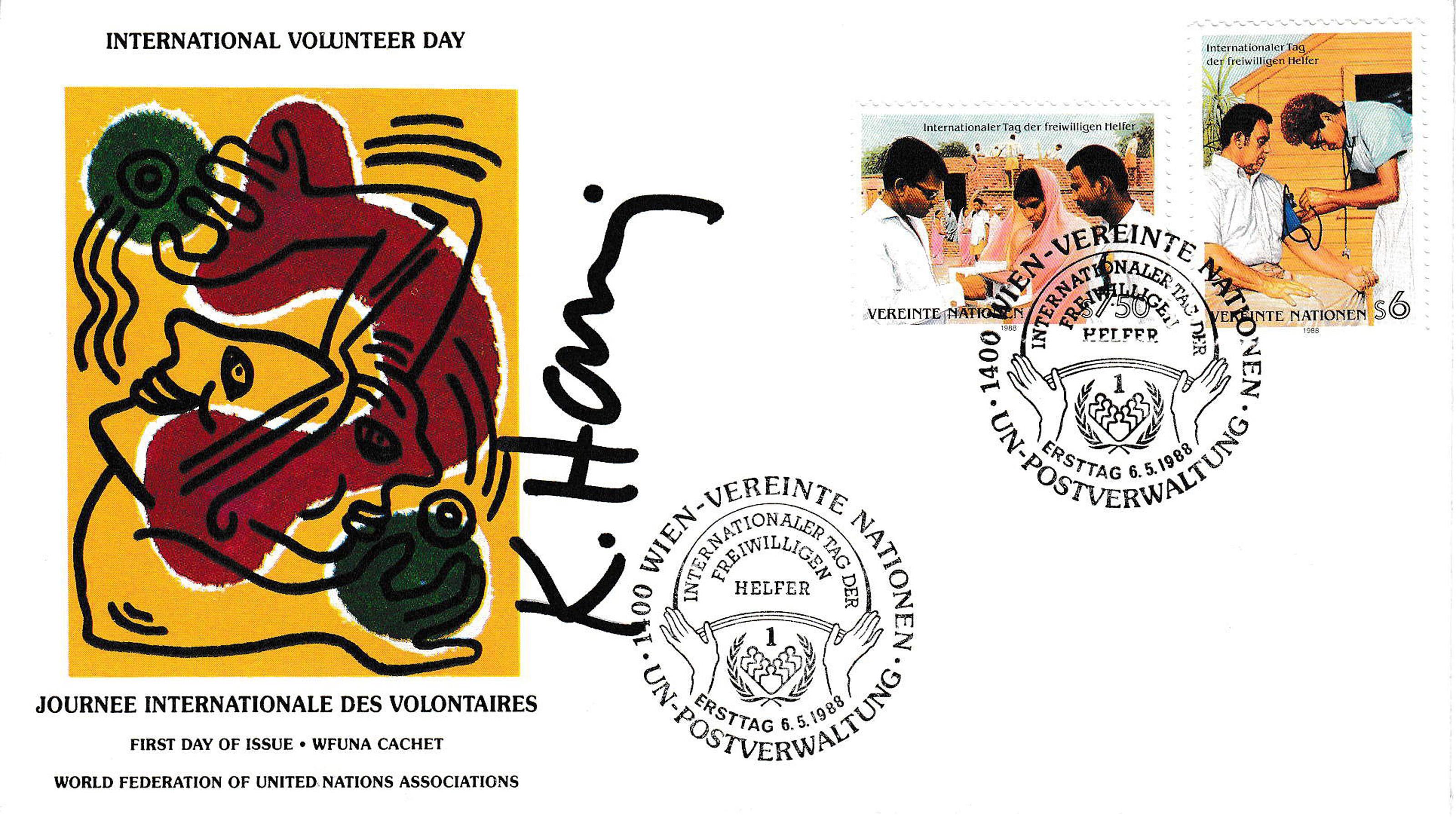 This envelope was produced as part of "International Volunteer Day", a human right's cause created by the World Federation of the United Nations. This mailer includes stamps, the artist’s printed copyright “K. Haring February 27, 1988” on the verso,