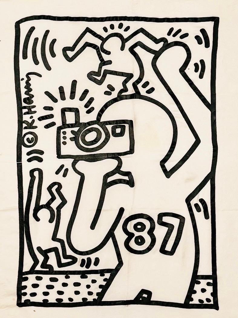 Keith Haring Focus on Aids 1987: 
Rare 1987 fabric illustrated by Keith Haring to promote Aids awareness.  A well-sized, highly collectible 1980s Keith Haring wall art piece within reason.

Silkscreen on cotton. 16.5 x 17 inches.

Good overall