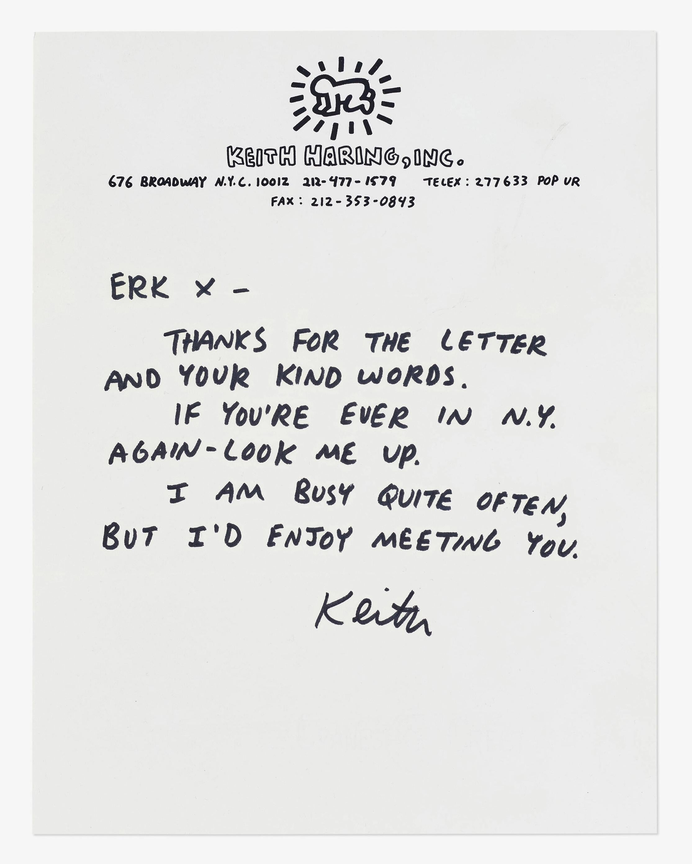 Keith Haring handwritten letter 1989:
A rare 1989 handwritten letter by Keith Haring executed on the artist's personal stationary. An endearing personal response by Haring to a young aspiring artist stationed in the US military. Signed Keith to the