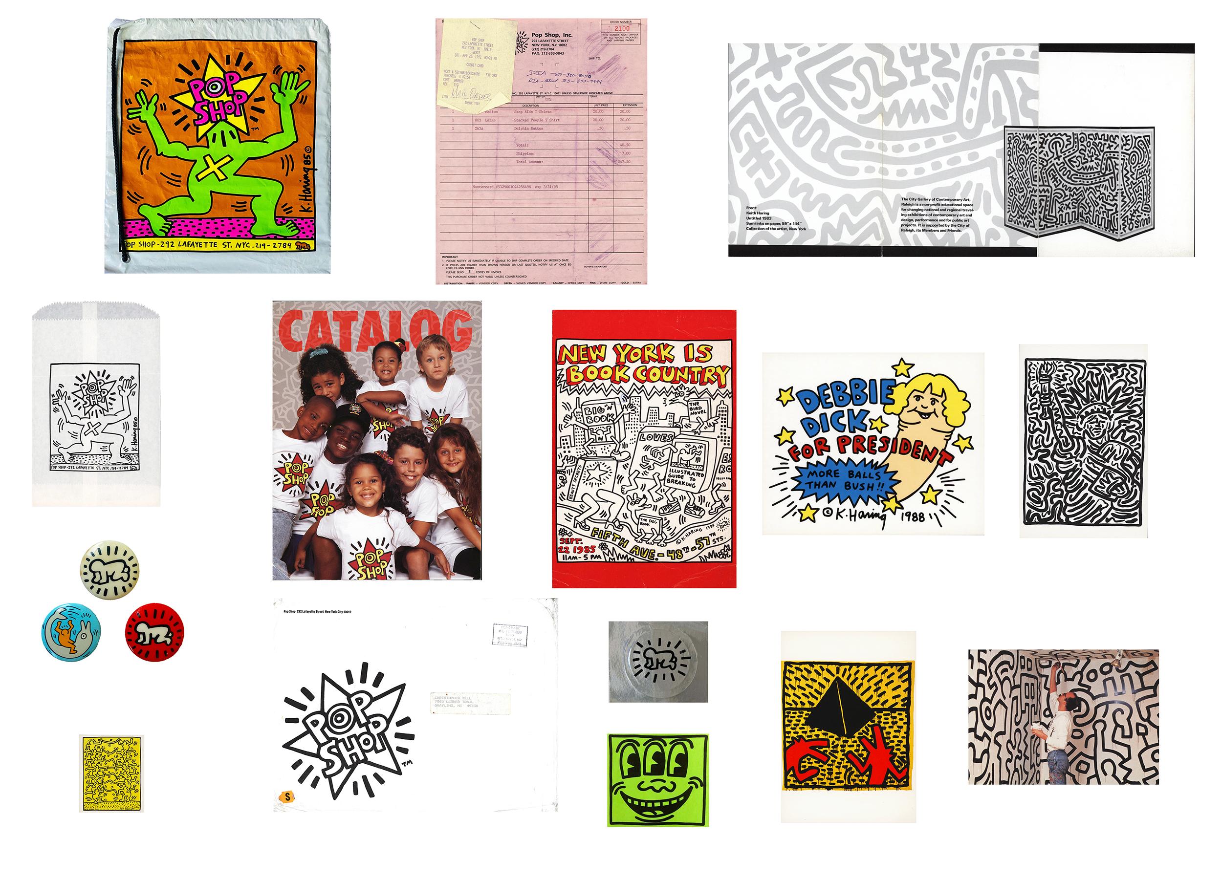 Keith Haring Pop Shop Collection (c. 1986-1992):
A collection of 15+ vintage Keith Haring Pop Shop collectibles- items range from an original large size Keith Haring illustrated drawstring bag to iconic early/mid 1980’s Haring stickers; further