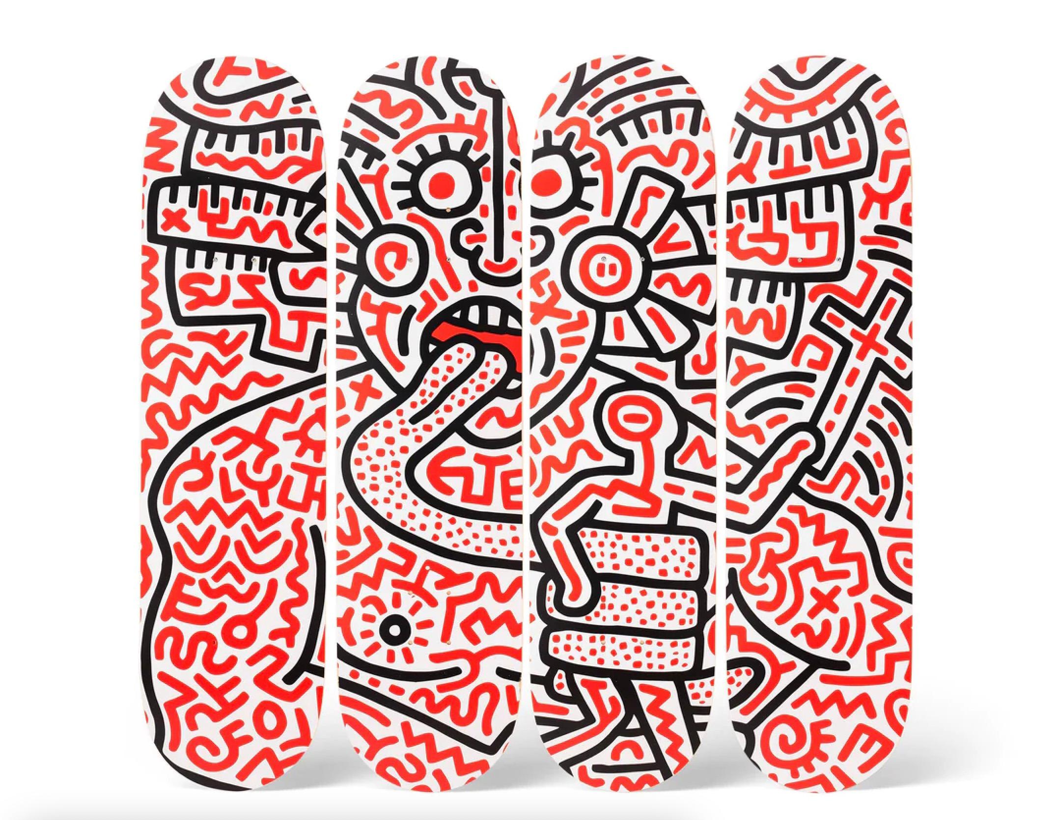Keith Haring
L'homme et la Méduse, 2018
Impression sur bois d'érable canadien Grade A 7 plis (lot de 4)
31 1/2 × 7 9/10 in  80 × 20 cm (chacun)
