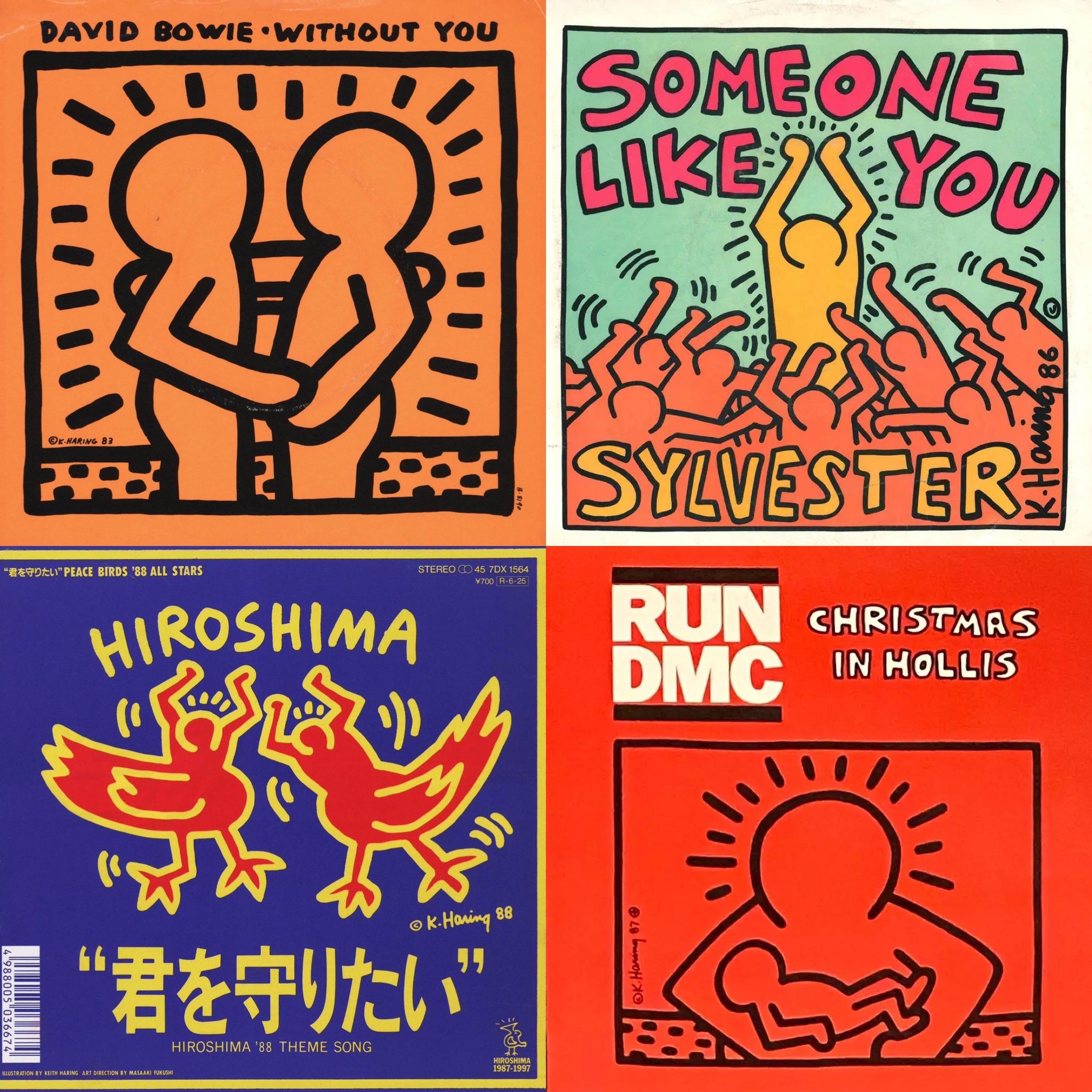 Seltene Vintage 1980s Keith Haring Record Cover Art: (Set von 4: 1983-1987):

Vier einzelne 7-Inch-Alben - alle von Haring zu seinen Lebzeiten illustriert - machen aus den 1980er Jahren Keith-Haring-Wandbilder, die sich sehen lassen