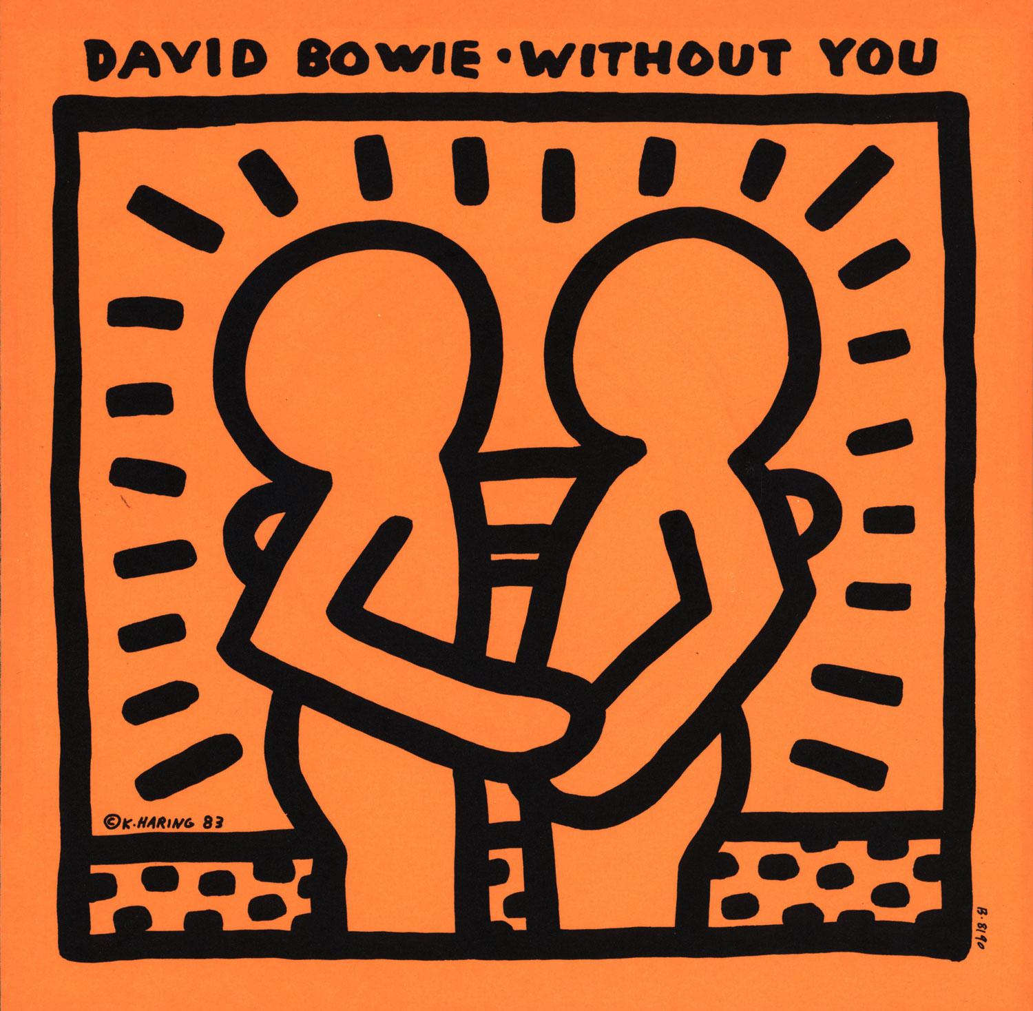 1980s Keith Haring Record Art:
David BOWIE "Without You" A Rare Highly Sought After Vinyl Art Cover featuring original cover artwork by Keith Haring. A fine  impression in very good overall vintage condition. 

Year: 1983.

Medium: Off-Set