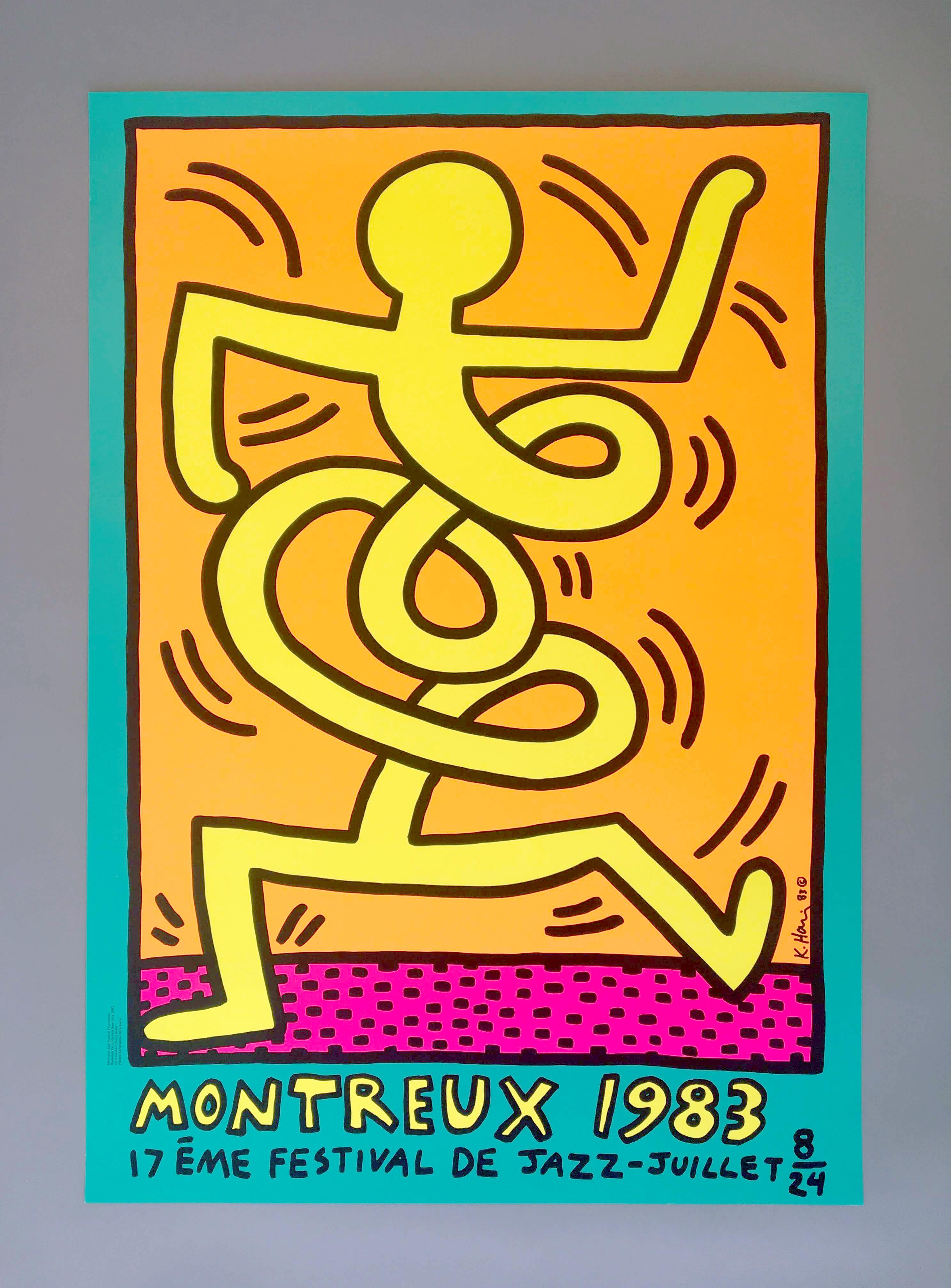 Keith Haring (United States, 1958-1990)
'Montreux Jazz Festival III', 1983
           
This iconic and colorful image was created as one in a series of three different images. Created to promote the Montreux Jazz Festival of 1983, held annually in