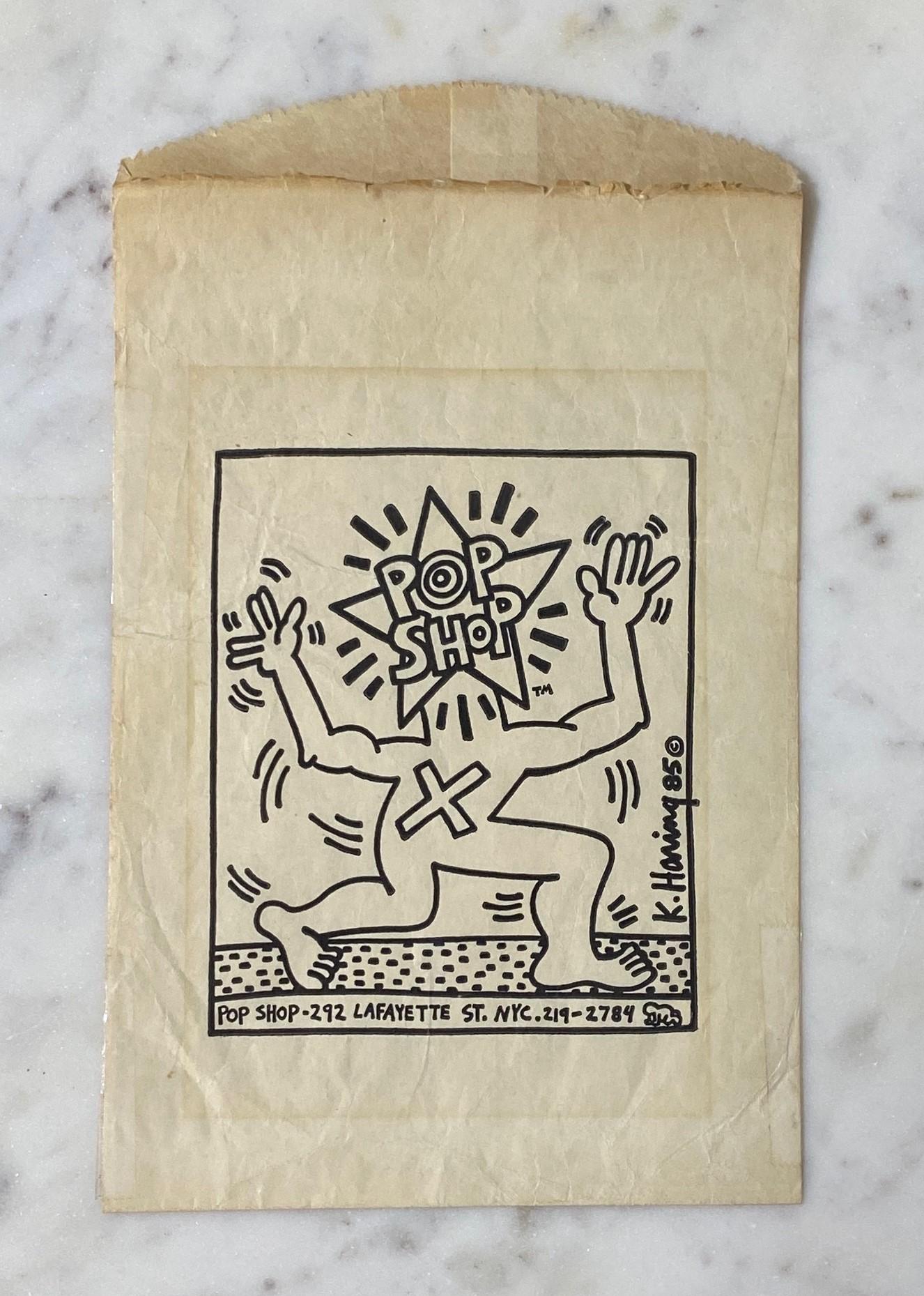 Modern Keith Haring Original New York City Pop Shop Lithograph Bag With Bonus, 1980s For Sale