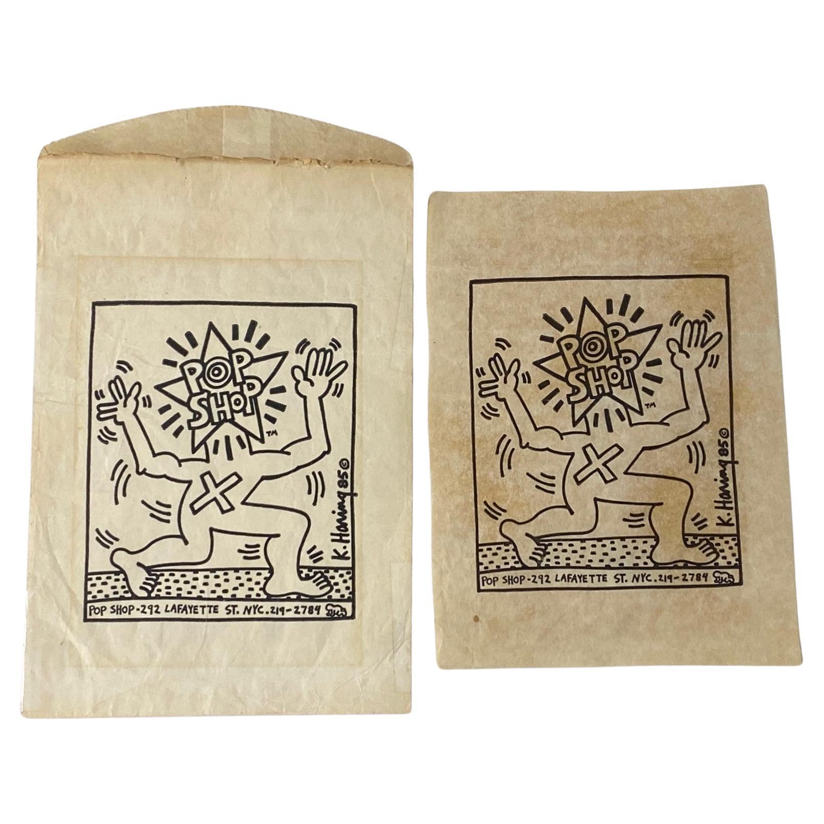 Keith Haring Original New York City Pop Shop Lithograph Bag With Bonus, 1980s For Sale