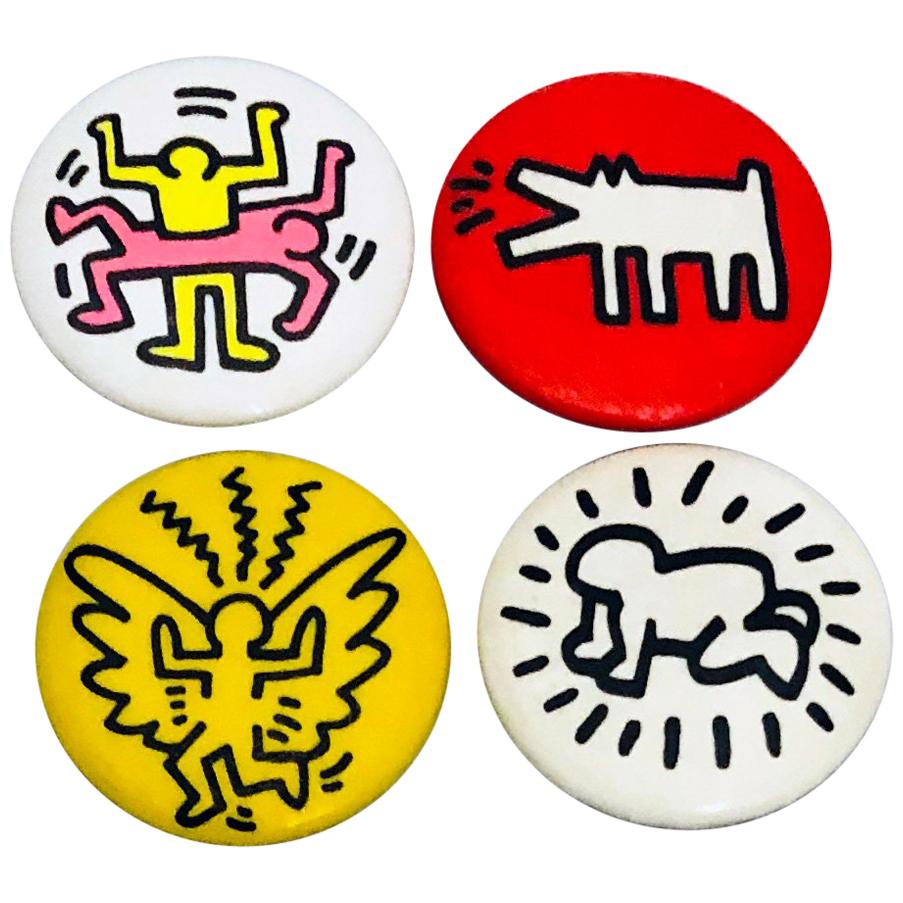 Keith Haring Pop Shop: Set of 4 Original Pins, circa 1986