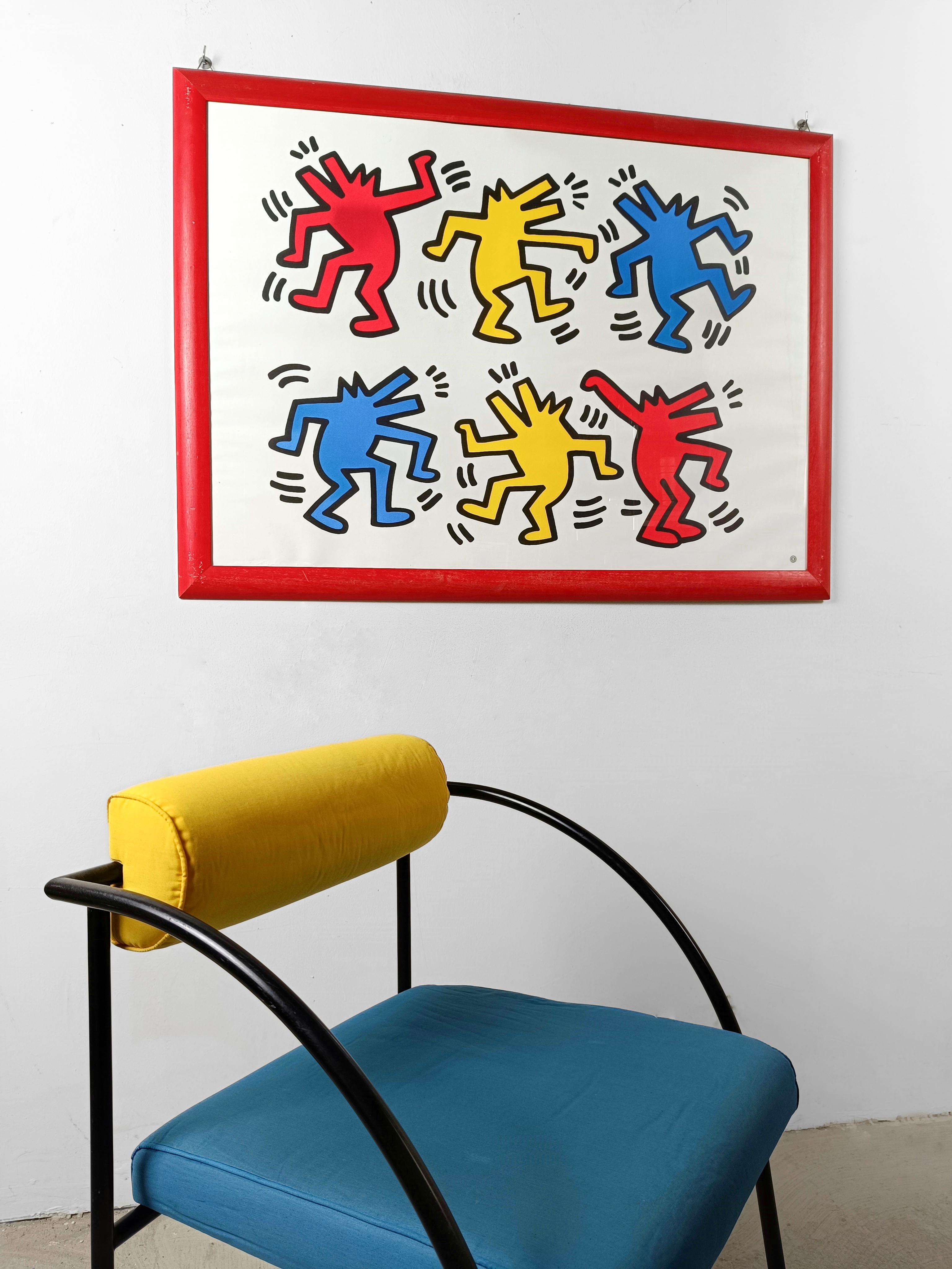 Grande affiche imprimée en offset 4 couleurs en France par Nouvelles Images S.A. autorisée, comme le montre le cachet, par la succession de Keith Haring.

Le thème reproduit sur cette affiche est 