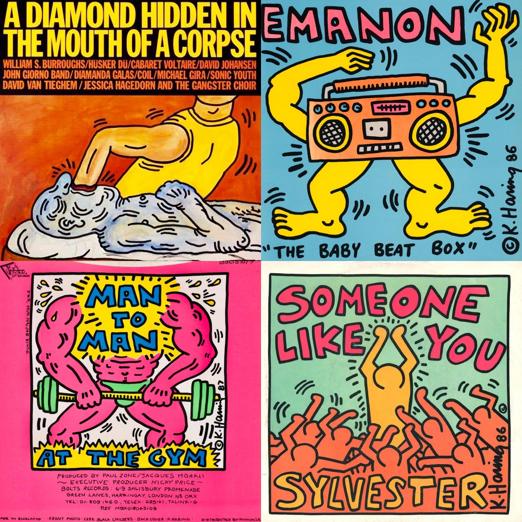 1980s Keith Haring Record Art (set of 4 works):

Four individual 12 inch albums - all illustrated by Haring during his lifetime - making for standout vintage 1980s Keith Haring wall art within reason.

Offset lithographs on record album covers.

12