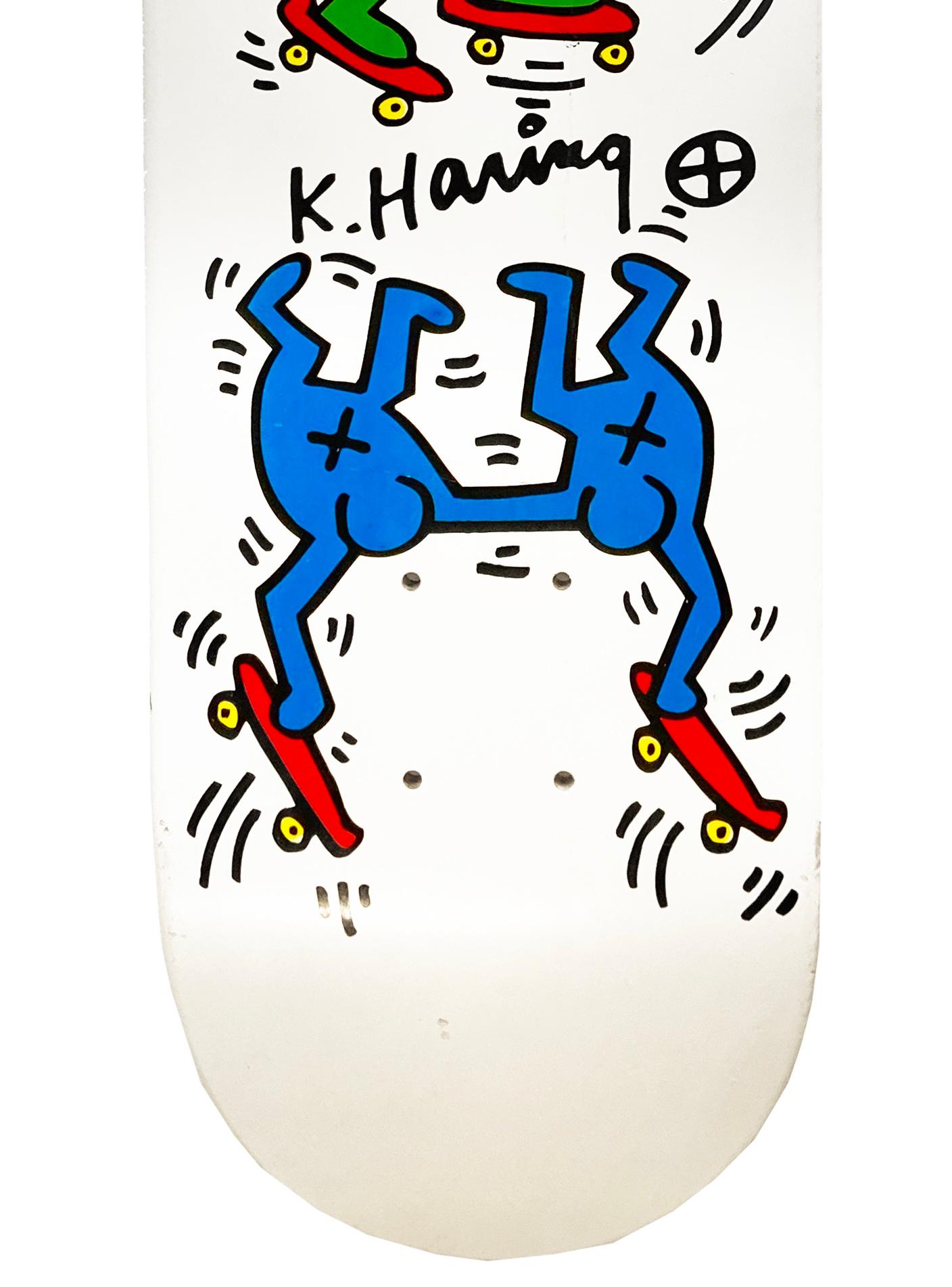 Keith Haring Pop Shop Skateboard Deck circa early/mid 1990s:

In the mid 1980s New York City Skateboards Inc. negotiated a contract with Haring to design and license skateboard images. Approximately 200 of these skateboards were produced & sold at