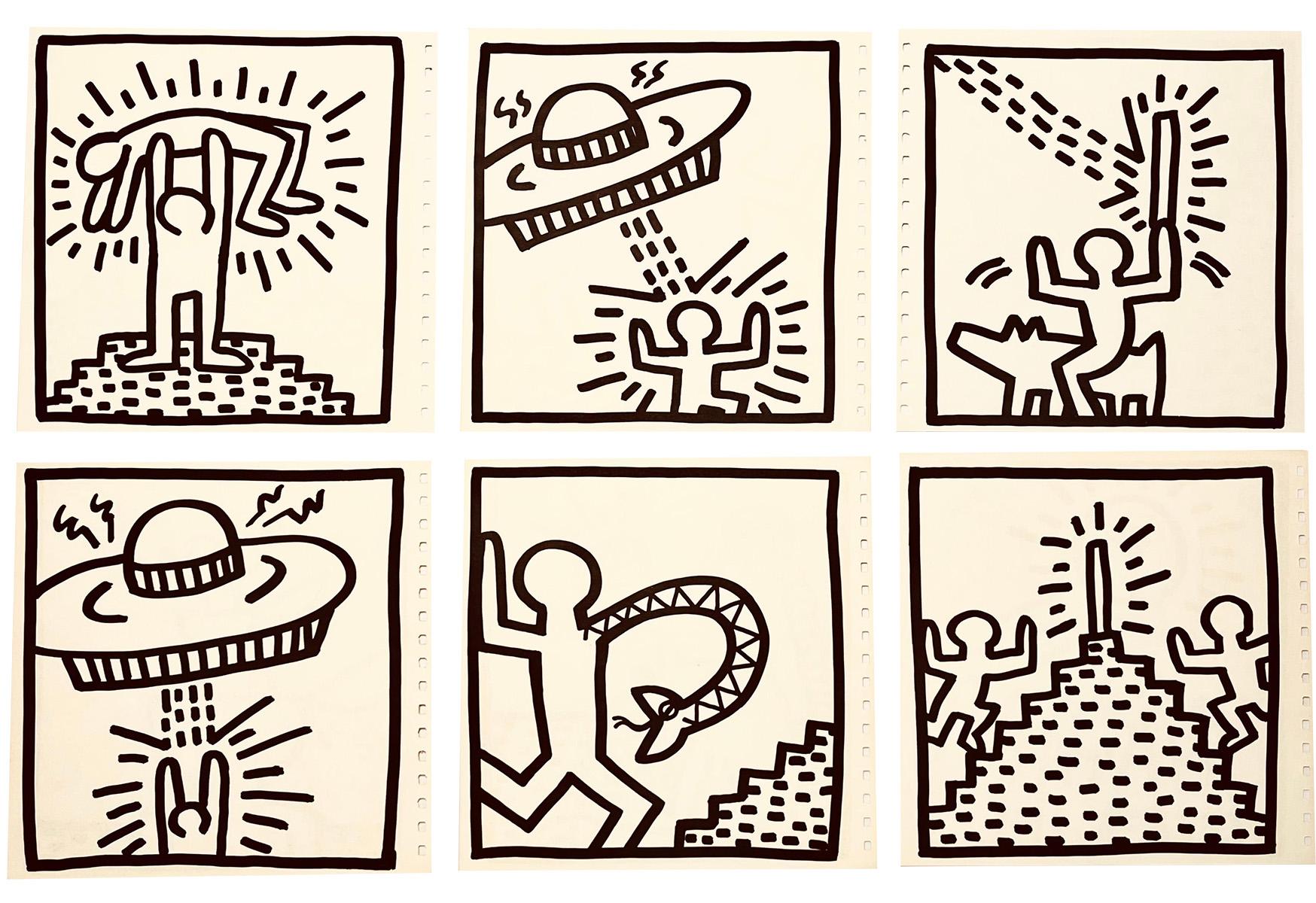 Keith Haring Tony Shafrazi 1982 : ensemble de 6 œuvres imprimées :
Un ensemble de six encarts lithographiques individuels, recto-verso, tirés du catalogue Keith Haring Tony Shafrazi de 1982, qui explore l'émergence de Haring sur la scène artistique