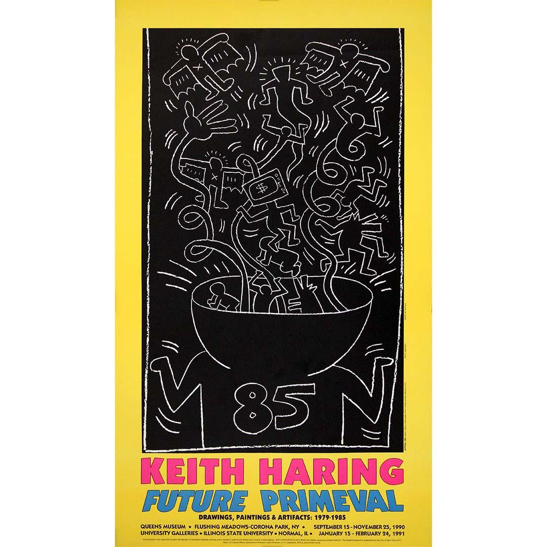 The 1991 "Future Primeval" exhibition poster by Keith Haring was created to promote a major show of Haring's work that was held at both the Queens Museum in New York and Illinois State University. This exhibition took place shortly after Haring’s
