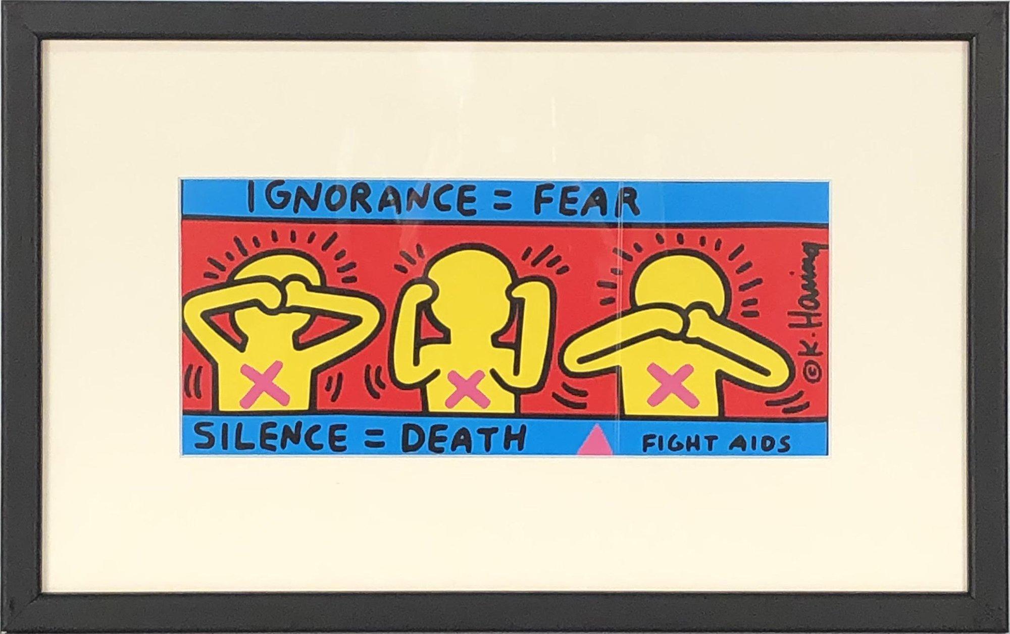 Paper Size: 9 x 14.25 inches ( 22.86 x 36.195 cm )
 Image Size: 4 x 9.25 inches ( 10.16 x 23.495 cm )
 Framed: Yes
 Condition: A-: Near Mint, very light signs of handling
 
 Additional Details: Vintage Keith Haring Postcard Estate Authorized 1998