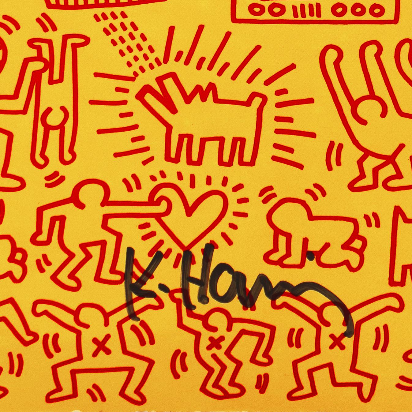 Hand signed by the artist in felt pen, lower center, 'K. Haring' for Keith Haring (American, 1958-1990), circa 1984. The inside cover of 'Art in Transit: Subway Drawings' by Keith Haring and Tseng Kwong Chi, published by Harmony Books, 1984.

One of