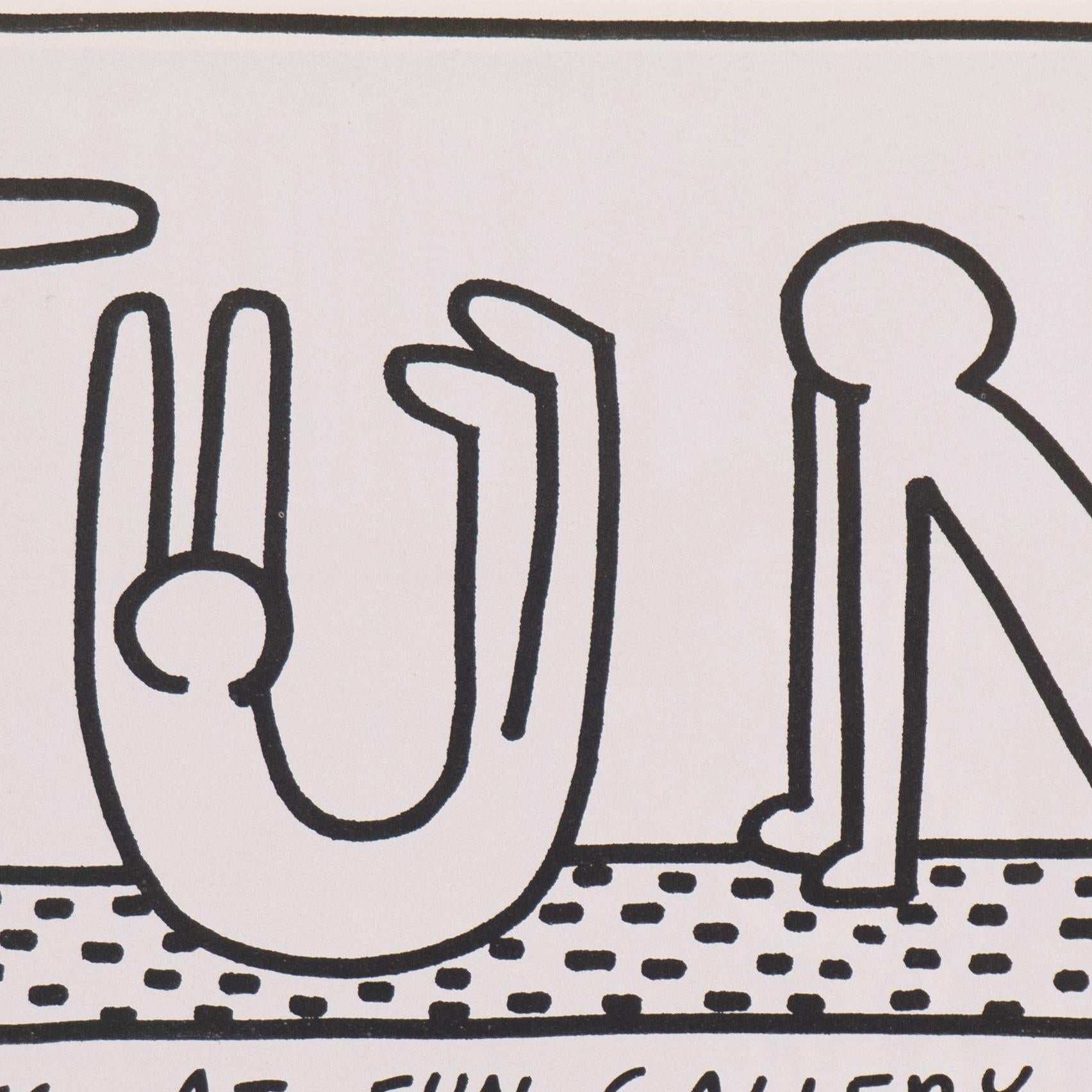 Hand signed by Keith Haring in felt pen, upper center, 'K. Haring' for Keith Haring (American, 1958-1990) and dated 1983. A trimmed, print magazine advertisement for the artist's inaugural exhibition at New York's Fun Gallery (3-27 February, 1983).