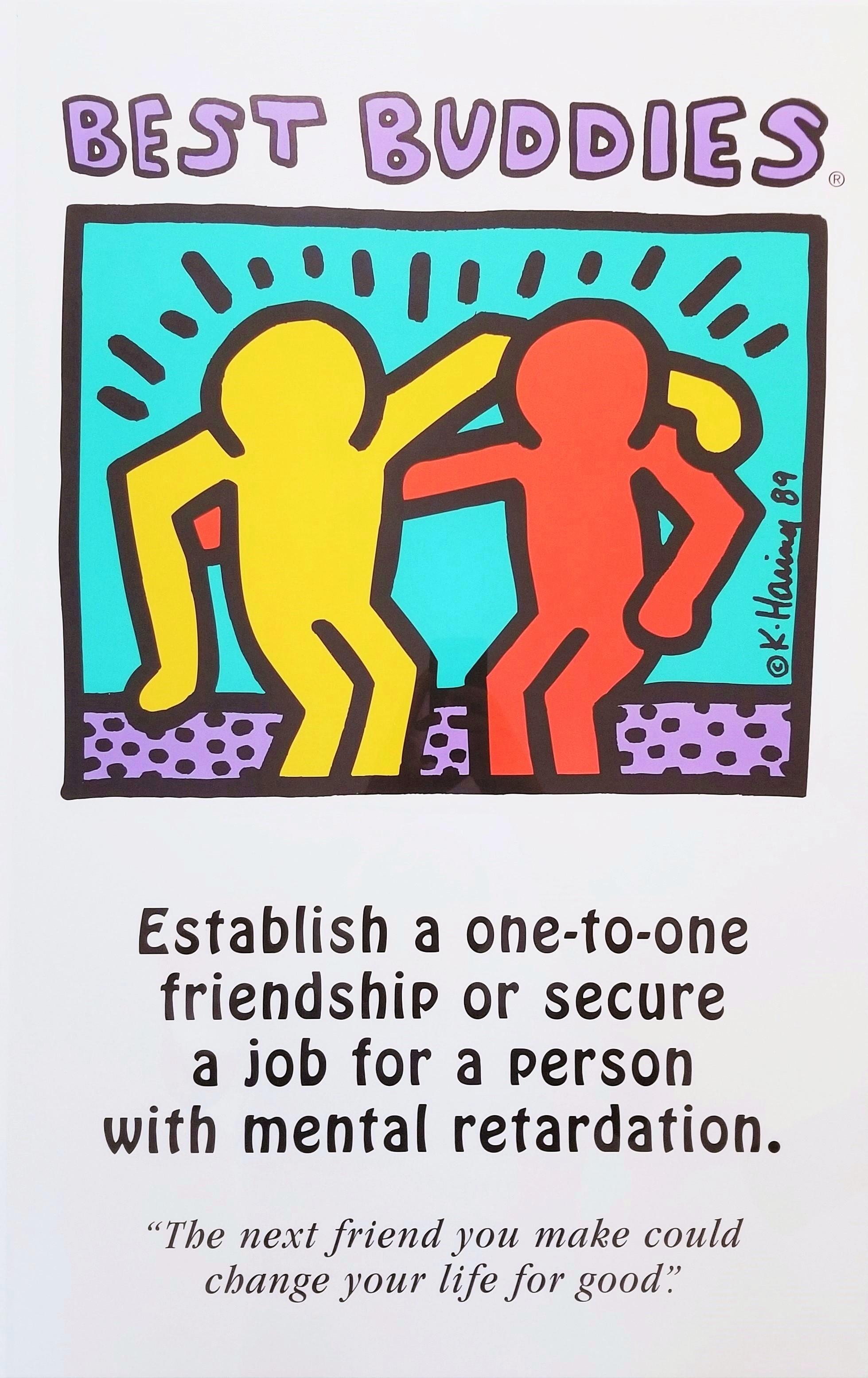 Künstler: (nach) Keith Haring (Amerikaner, 1958-1990)
Titel: "Best Buddies"
*Unsigniert ausgegeben, jedoch von Haring in der Platte signiert und datiert (gedruckte Signatur) Mitte rechts
Jahr: 1989
Medium: Original Offset-Lithographie, Poster auf