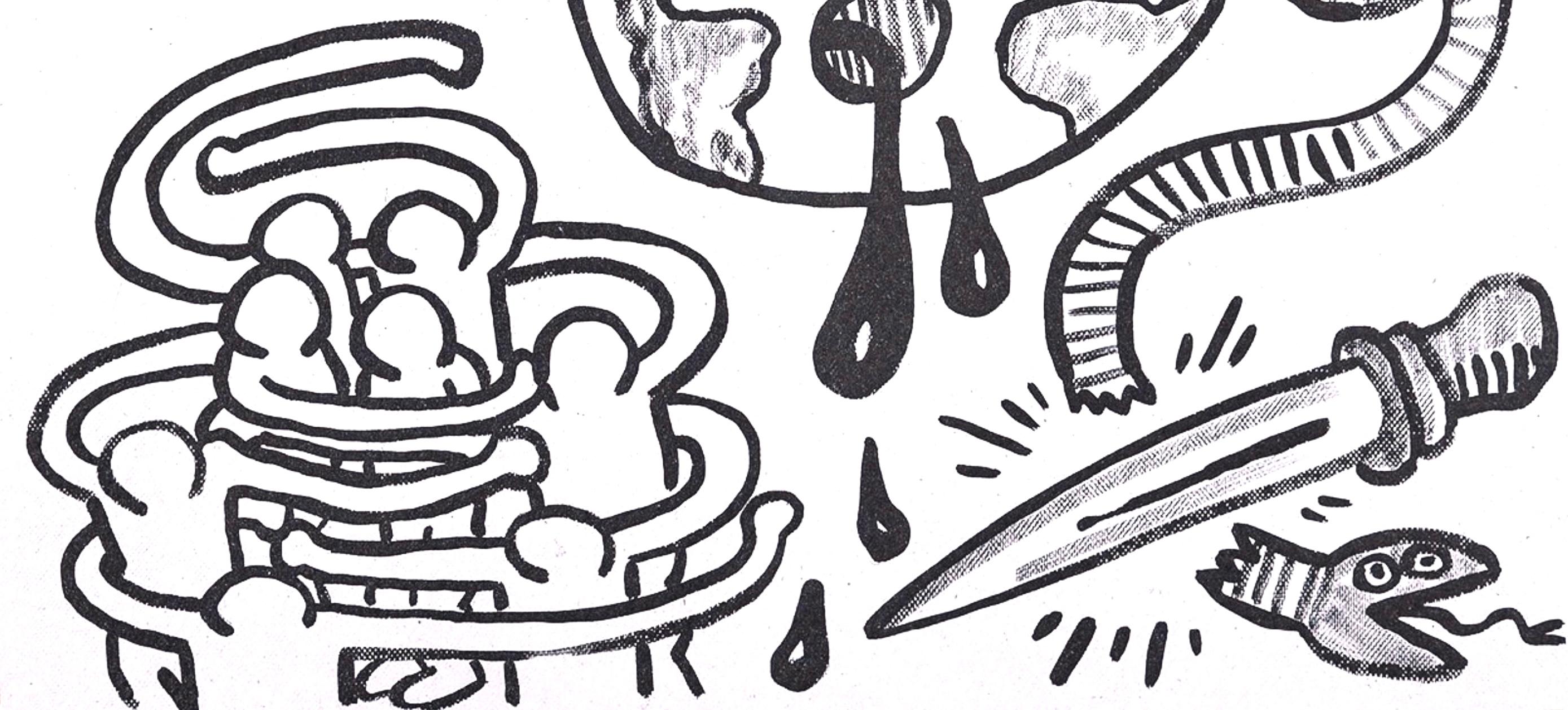 Composición, Contra viento y marea - Figurative Print Beige de Keith Haring
