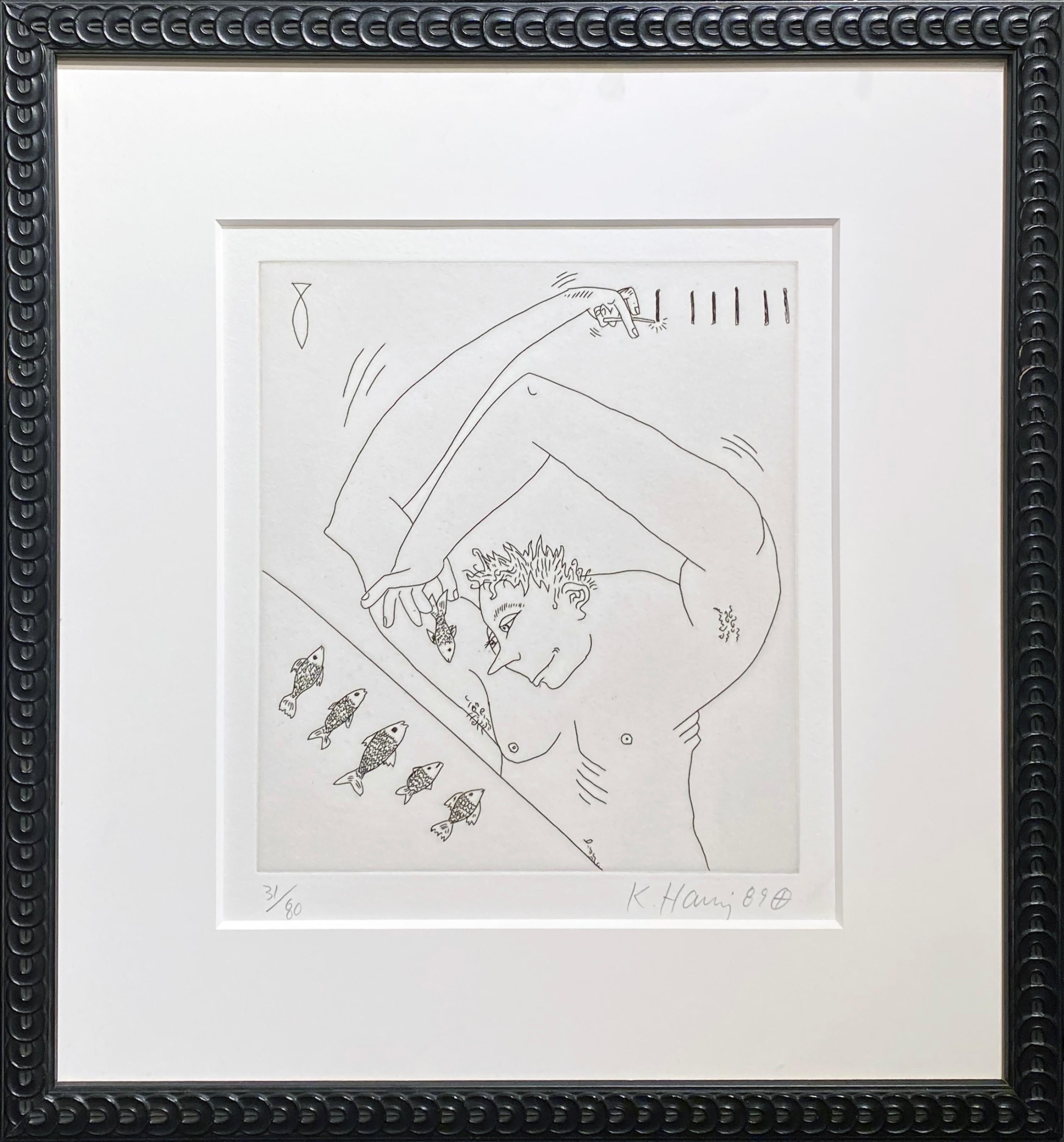 Figure und Fisch (aus der Suite „The Valley“ – Print von Keith Haring
