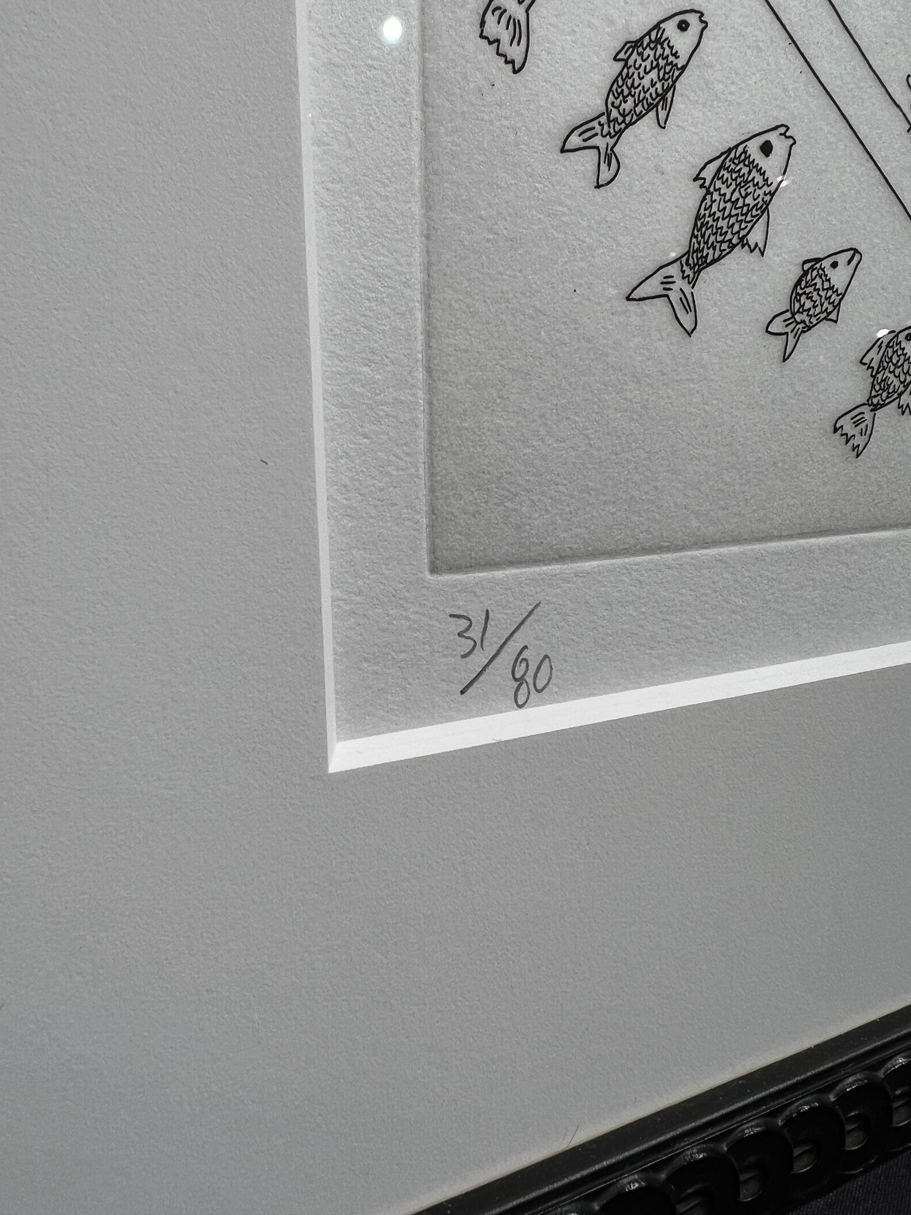 Figure und Fisch (aus der Suite „The Valley“ (Grau), Figurative Print, von Keith Haring