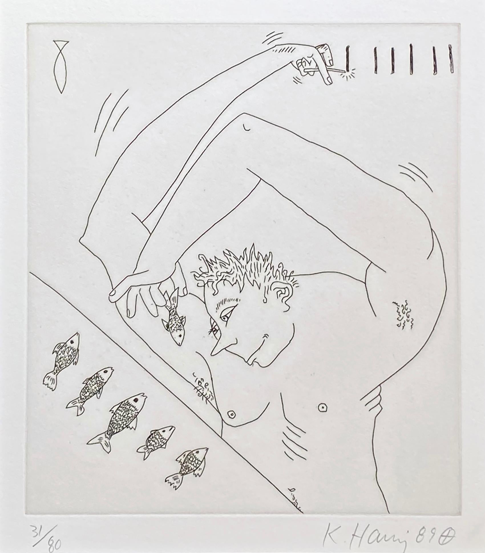 Keith Haring Figurative Print - Figure and Fish (from The Valley Suite)