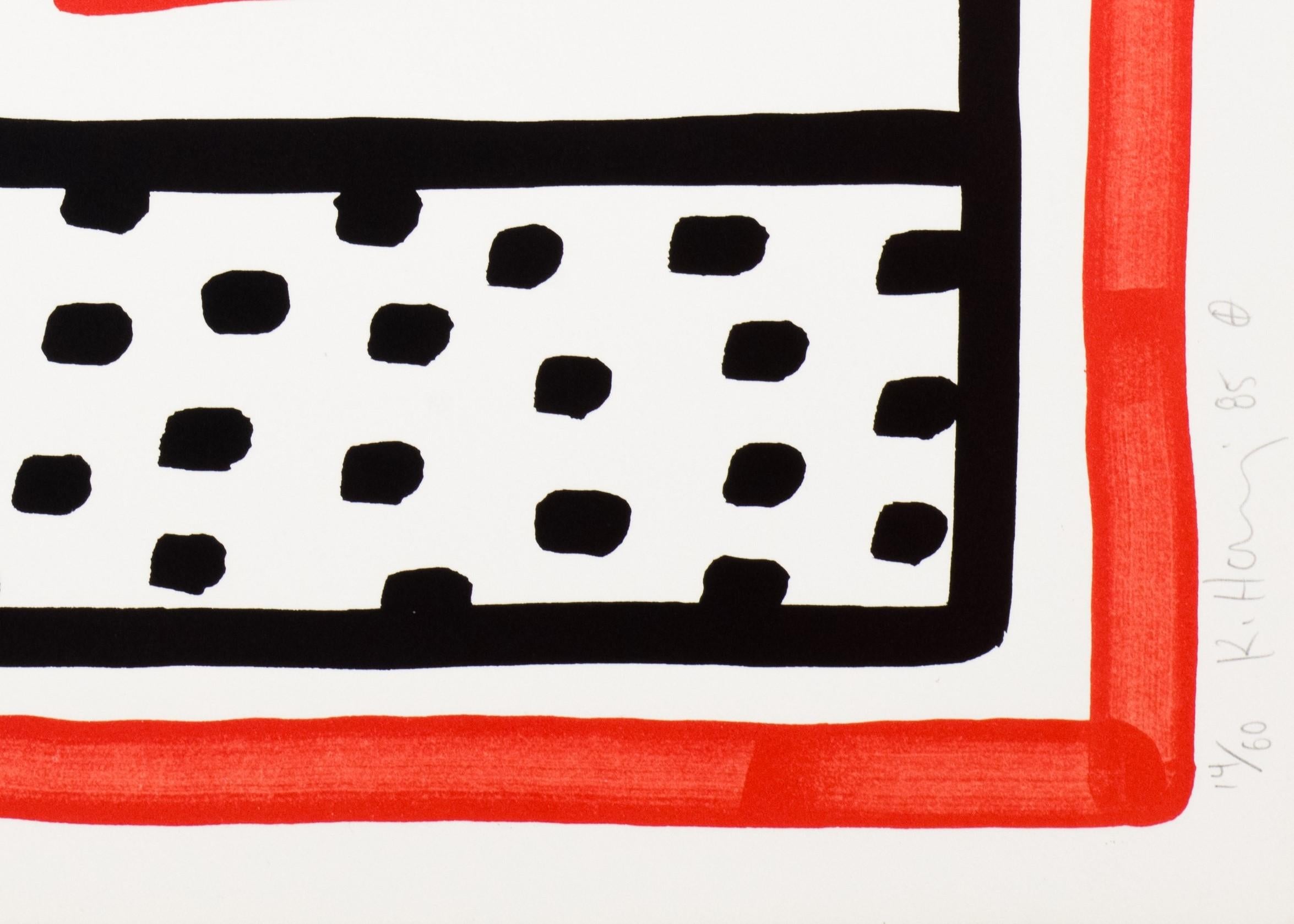La serie Free South Africa de Keith Haring aborda hábilmente la naturaleza del régimen de apartheid de Sudáfrica con el lenguaje visual único y sucinto de Harng. Firmado, fechado y numerado en el borde inferior derecho, y enmarcado en una moldura