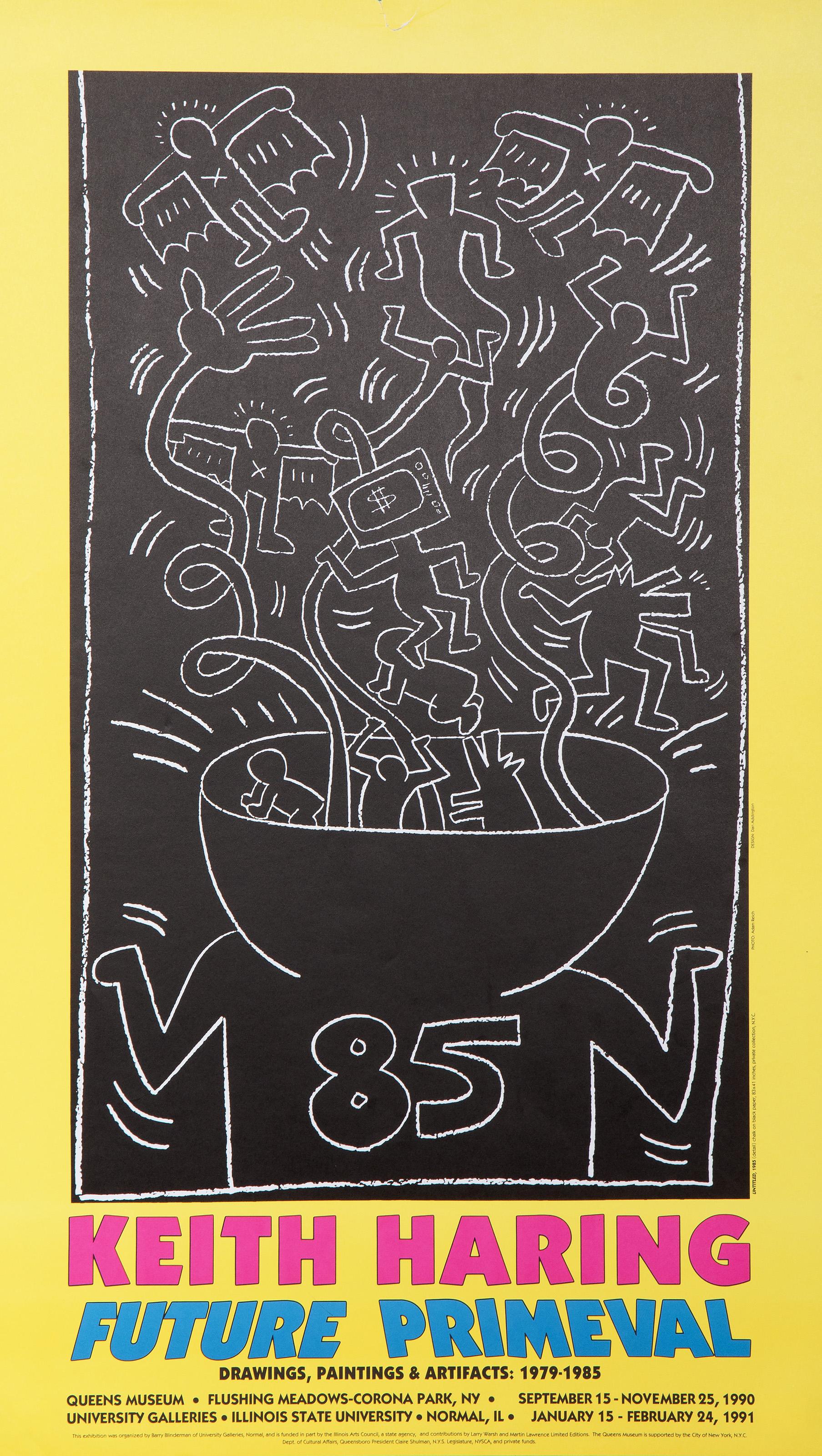 An exhibition poster for American Pop artist Keith Haring’s show “Future Primeval” that was held at the Queens Museum and the Illinois State University Galleries in 1990 and 1991. This show was a retrospective of his drawings, paintings, and objects