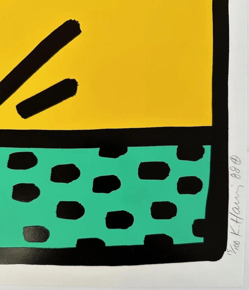 Una serigrafía icónica y muy coleccionable, Crecimiento I, parte de una carpeta de cinco impresiones creada por Keith Haring en 1988, la impresión firmada a mano a lápiz, fechada y numerada, mide 101,6 x 76,2 cm (40 x 30 pulg.), sin enmarcar. De la