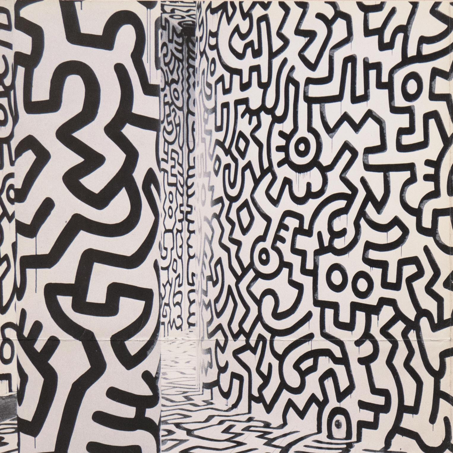 Hand signed by the artist in felt pen, center right, 'K. Haring' for Keith Haring (American, 1958-1990) and dated 1987. An advertisement mailer, printed by Ivan Dalla Tana with photo by Tseng Kwong Chi, for the Pop Shop's New York City location. Red