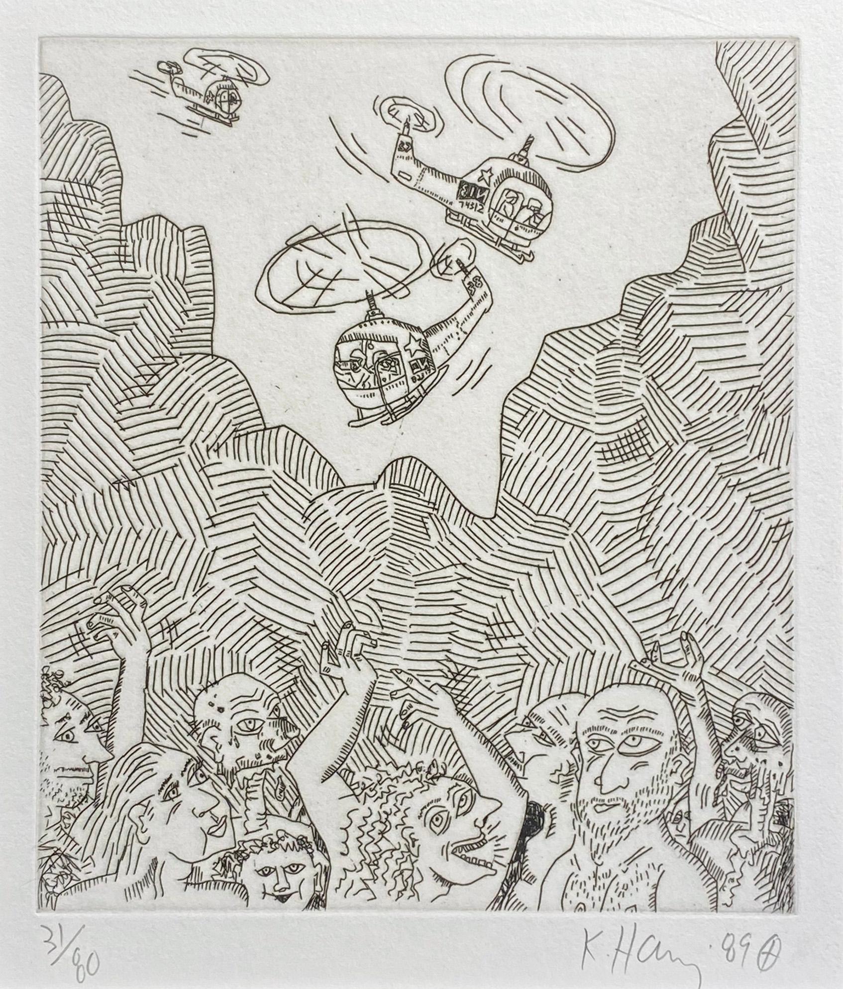 Keith Haring Figurative Print - Helicopters, Mountains, People (from The Valley Suite)