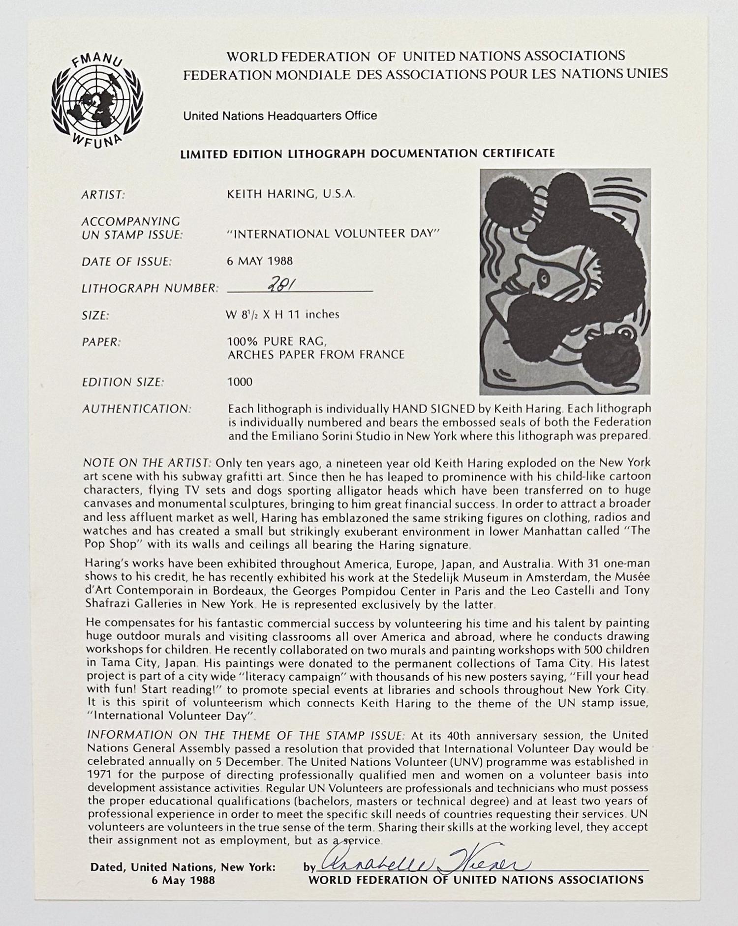 Artist: Keith Haring
Title: International Volunteer Day
Medium: Lithograph in colors
Date: 1988
Edition: 281/1000
Frame Size: 19 3/8