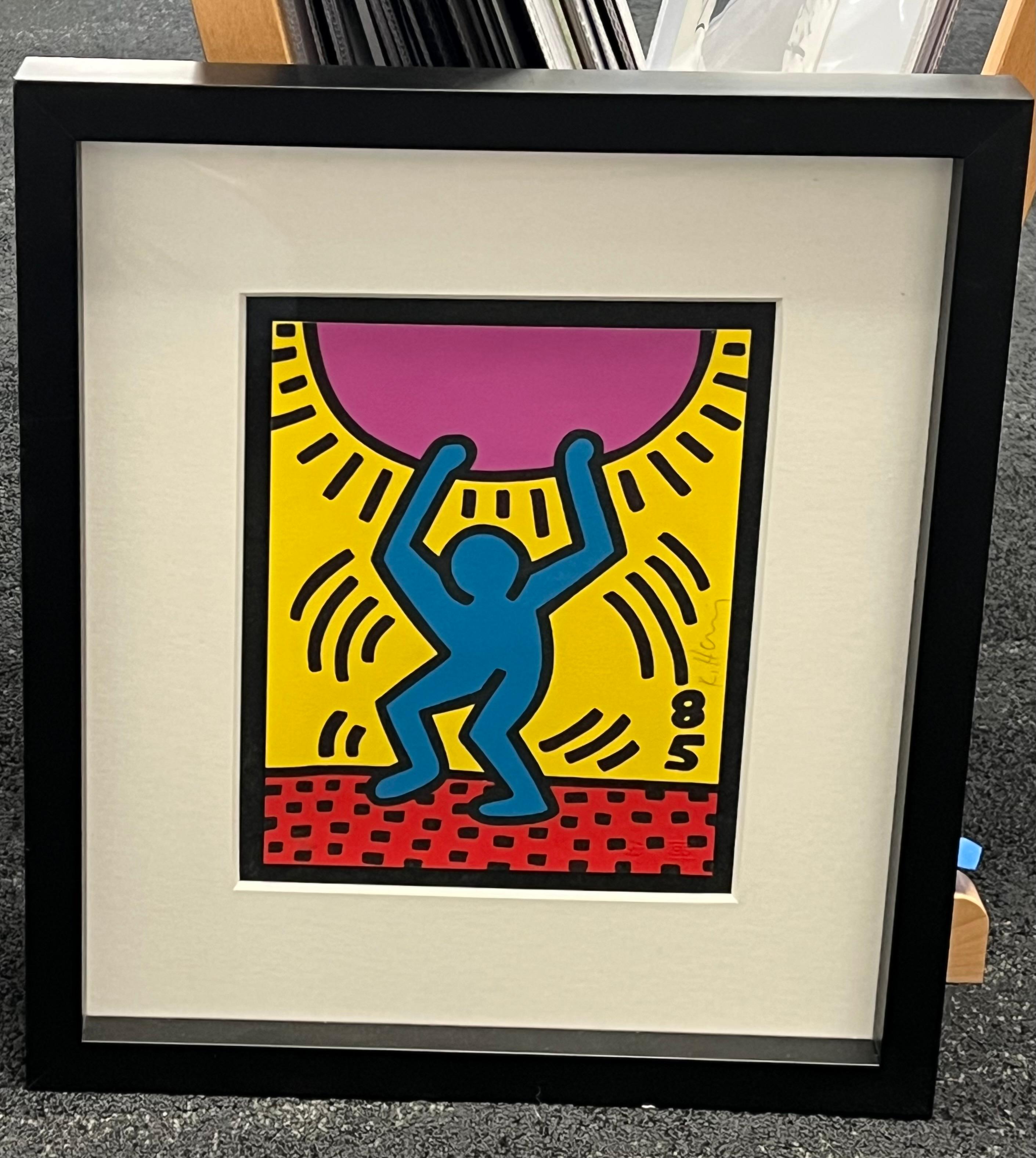 Keith Haring
Année internationale de la jeunesse 1984
Lithographie en couleurs sur papier Arches, signée au crayon et numérotée 1000, avec les cachets de l'éditeur/imprimeur The World Federation of United Nations/Emiliano Sorini Studio, New York, la