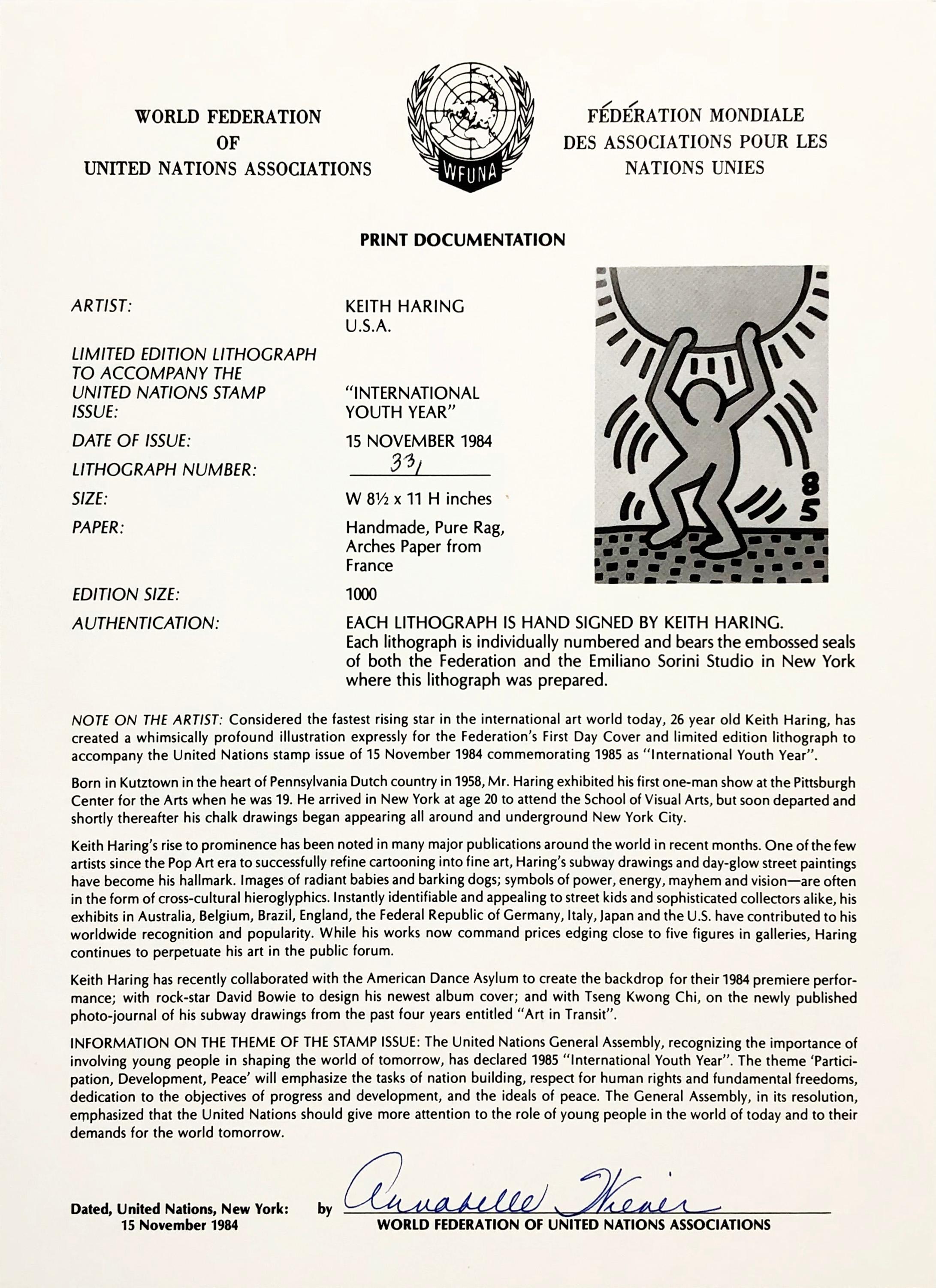 Année internationale de la jeunesse (lithographie encadrée et signée) - Jaune Portrait Print par Keith Haring