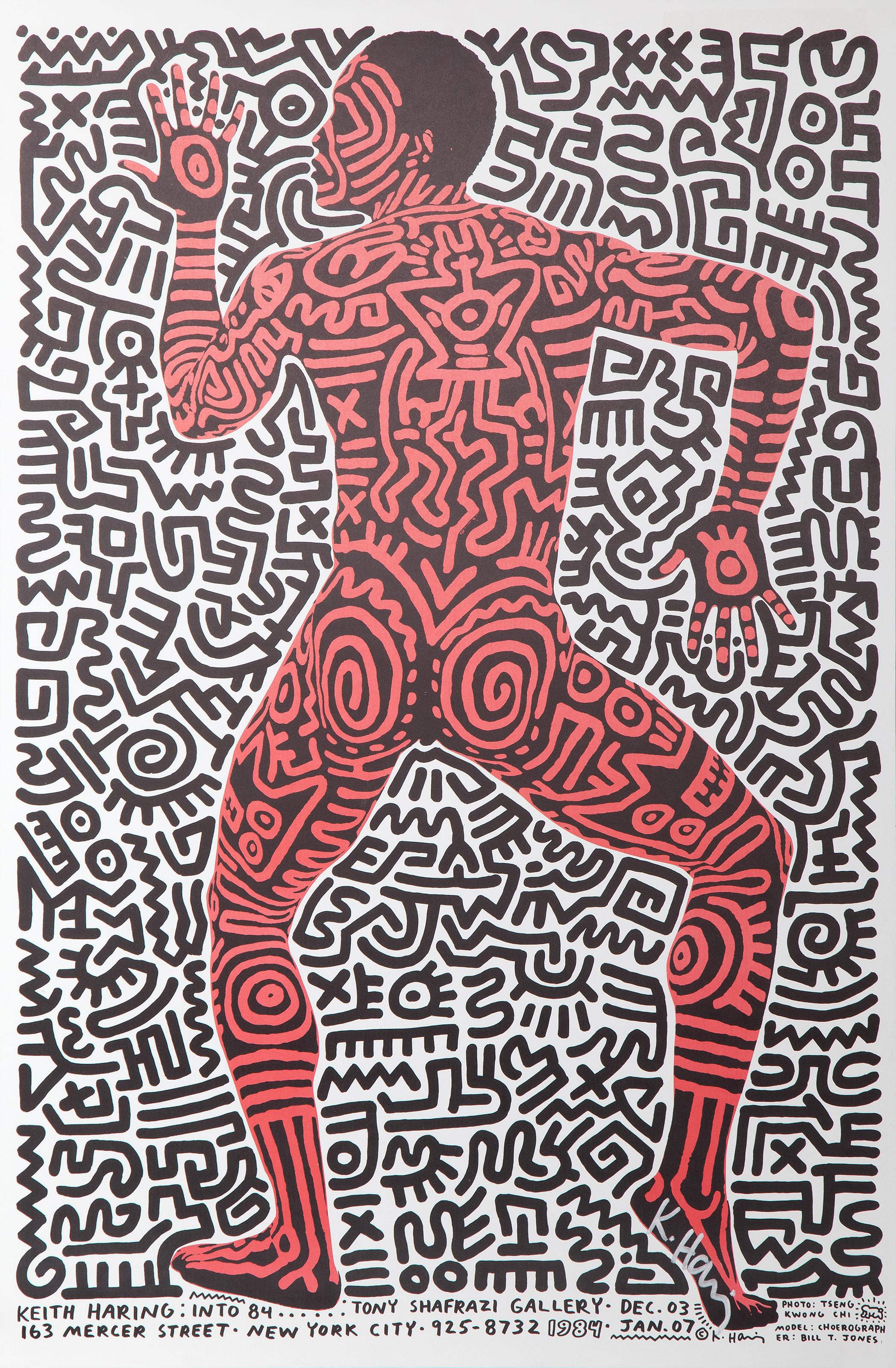 This poster was made to advertise American Pop artist Keith Haring’s exhibition at Tony Shafrazi Gallery in 1984. The composition features a nude figure in the center with their back to the view and both the figure and the background they are