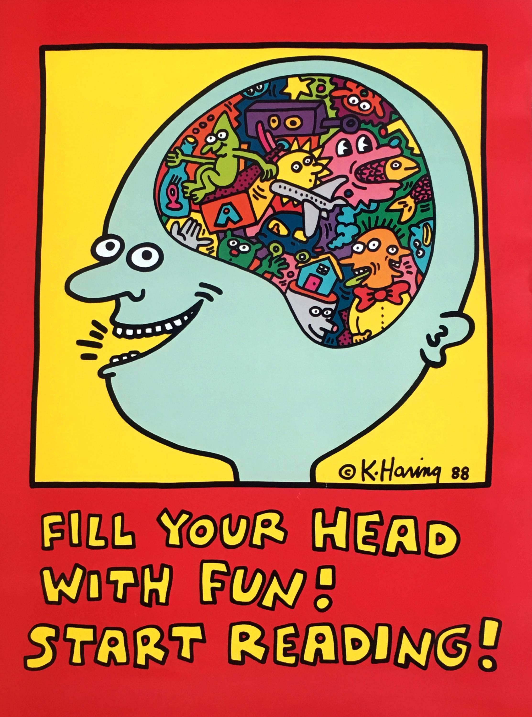 Keith Haring, remplissez votre tête de plaisir ! Commencez à lire ! 1988
Affiche originale vintage illustrée par Keith Haring, produite pour le système de la bibliothèque publique de New York en 1988 afin de promouvoir l'alphabétisation. Première