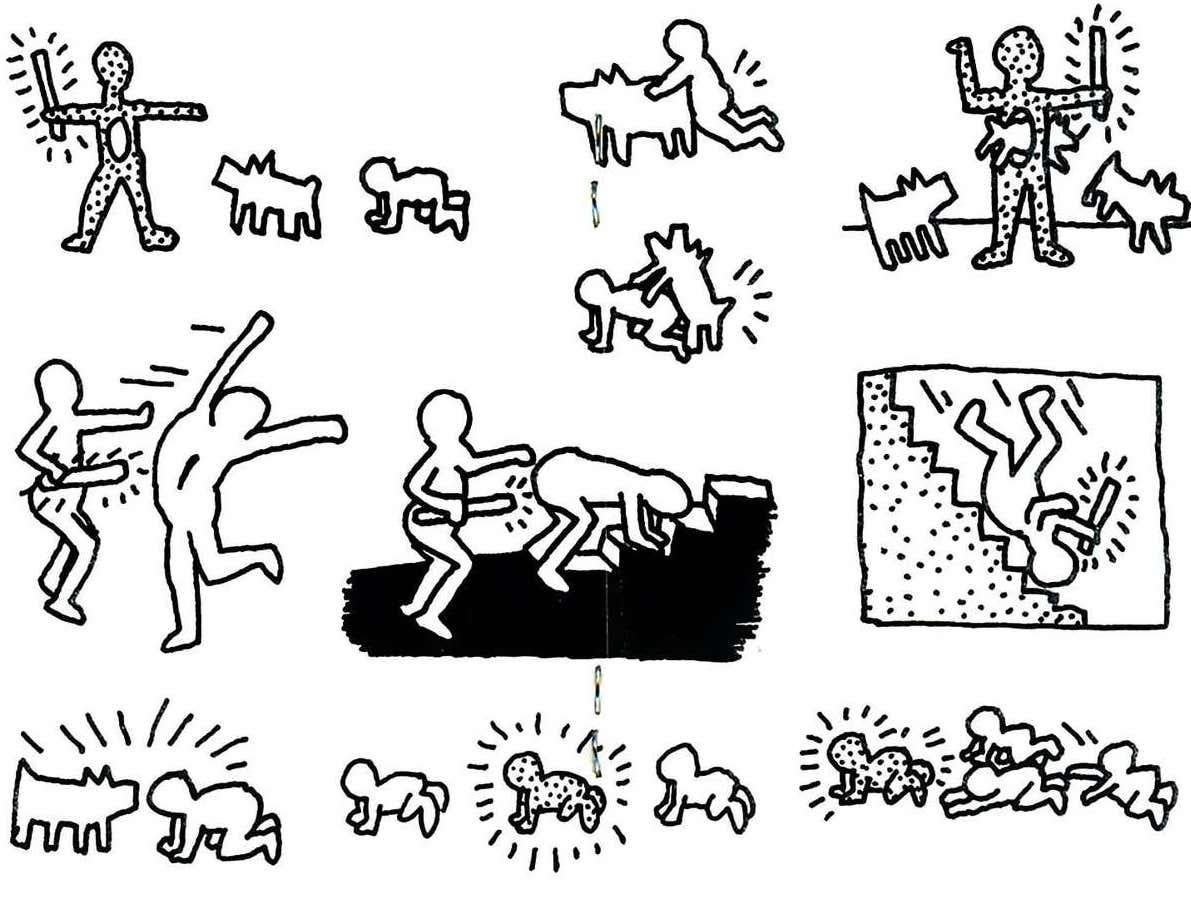 Keith Haring Public Illumination 1981:
A rare, highly collectible small pamphlet-style art magazine (measuring 4.25 x 2.75 inches), featuring a centerfold spread illustrated by Keith Haring, playfully credited under the moniker 