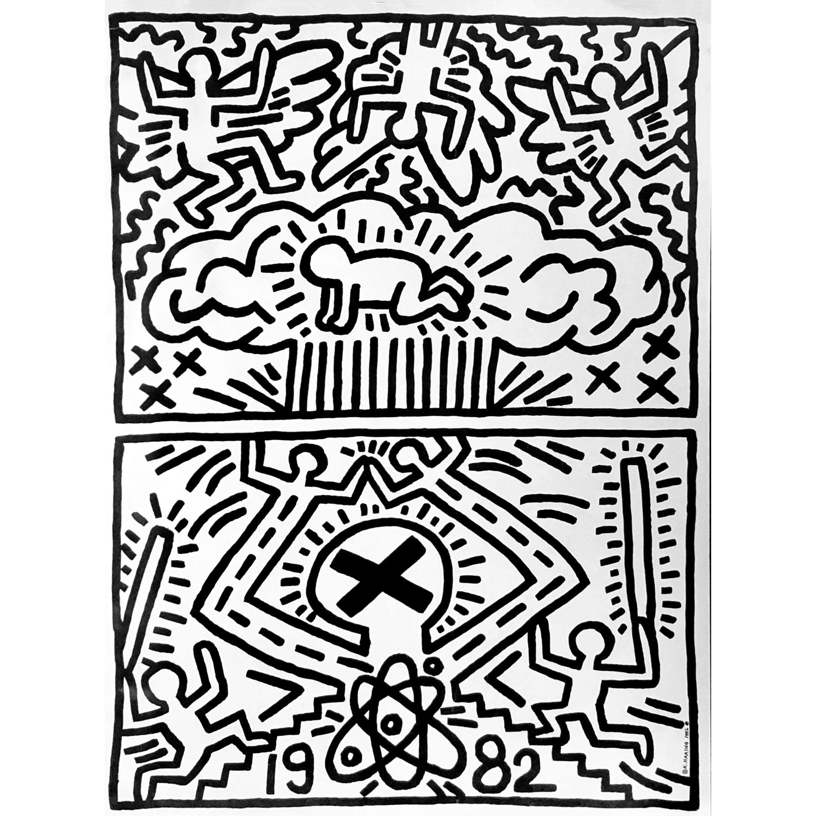 Keith Haring Nuclear Disarmament Poster 1982
In 1982, Haring created the Poster for Nuclear Disarmament, which features his signature Radiant Baby in a mushroom cloud. “Babies represent the possibility of the future,” Haring said, “the understanding