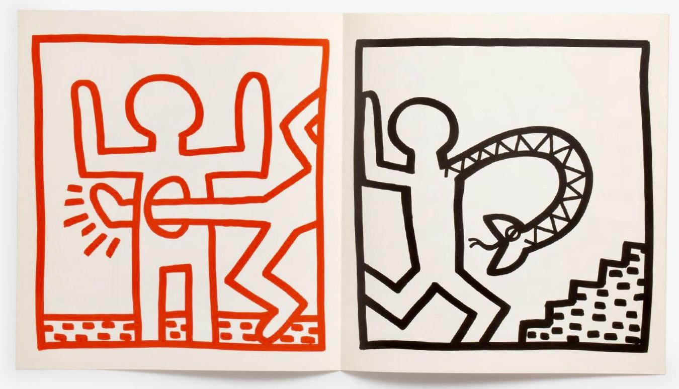 Keith Haring Galerie Paul Maenz, Köln, Deutschland 1984:
Sehr seltenes, dreifach gefaltetes Plakatheft zur Ankündigung von Harings Einzelausstellung 1984 in der Paul Maenz Gallery in Köln (Harings erste Einzelausstellung in Deutschland). Ein