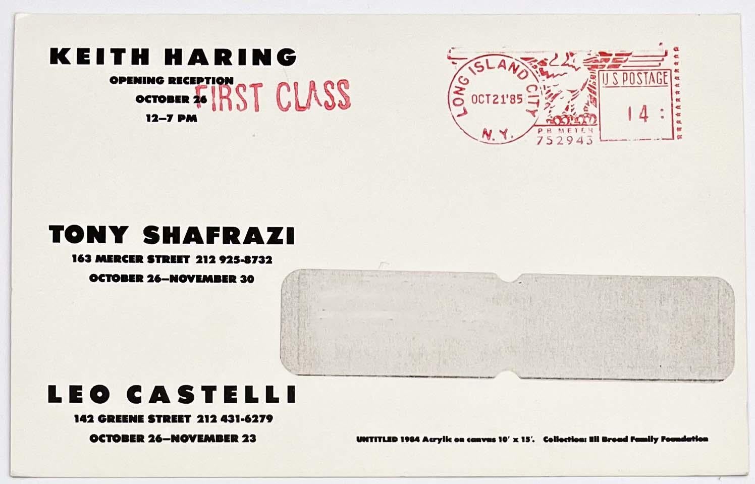 Keith Haring Tony Shafrazi/Leo Castelli Gallery, New York, 1985: 
Rare original 1980s Keith Haring announcement published on the occasion of: 

Keith Haring at Tony Shafrazi Gallery, October 26 to November 30 and Leo Castelli Gallery October 26 to