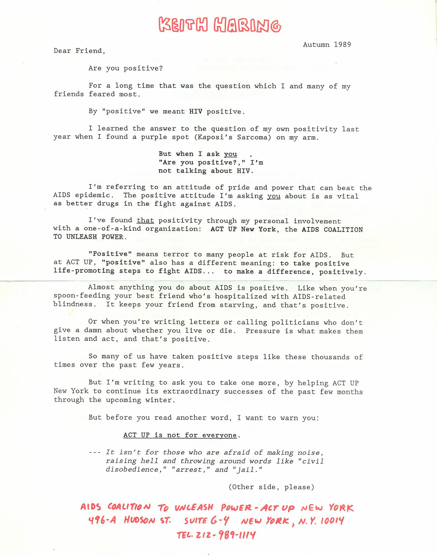 Keith Haring ACT UP 1989:
RARE complete & sealed 1989 Keith Haring illustrated mailer used as promotional material for the AIDS Coalition to Unleash Power (ACT UP). Sealed version (images in listing provided as reference).

Keith Haring designed &