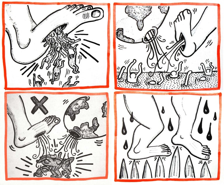 Keith Haring Against All Odds 1990:
Set of four individual lithographs from the 1990 Keith Haring artist book: Against All Odds. 

Medium: Offset lithograph in colors on thick Rivoli paper.
Dimensions: 8.5 x 10.25 inches (applies to each