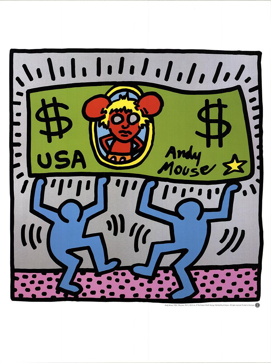 Paper Size: 31.5 x 23.5 inches ( 80.01 x 59.69 cm )
Image Size: 22 x 22 inches ( 55.88 x 55.88 cm )
Framed: No
Condition: A-: Near Mint, very light signs of handling

Additional Details: Reproduction of Andy Mouse Dollar bill by Keith Haring,