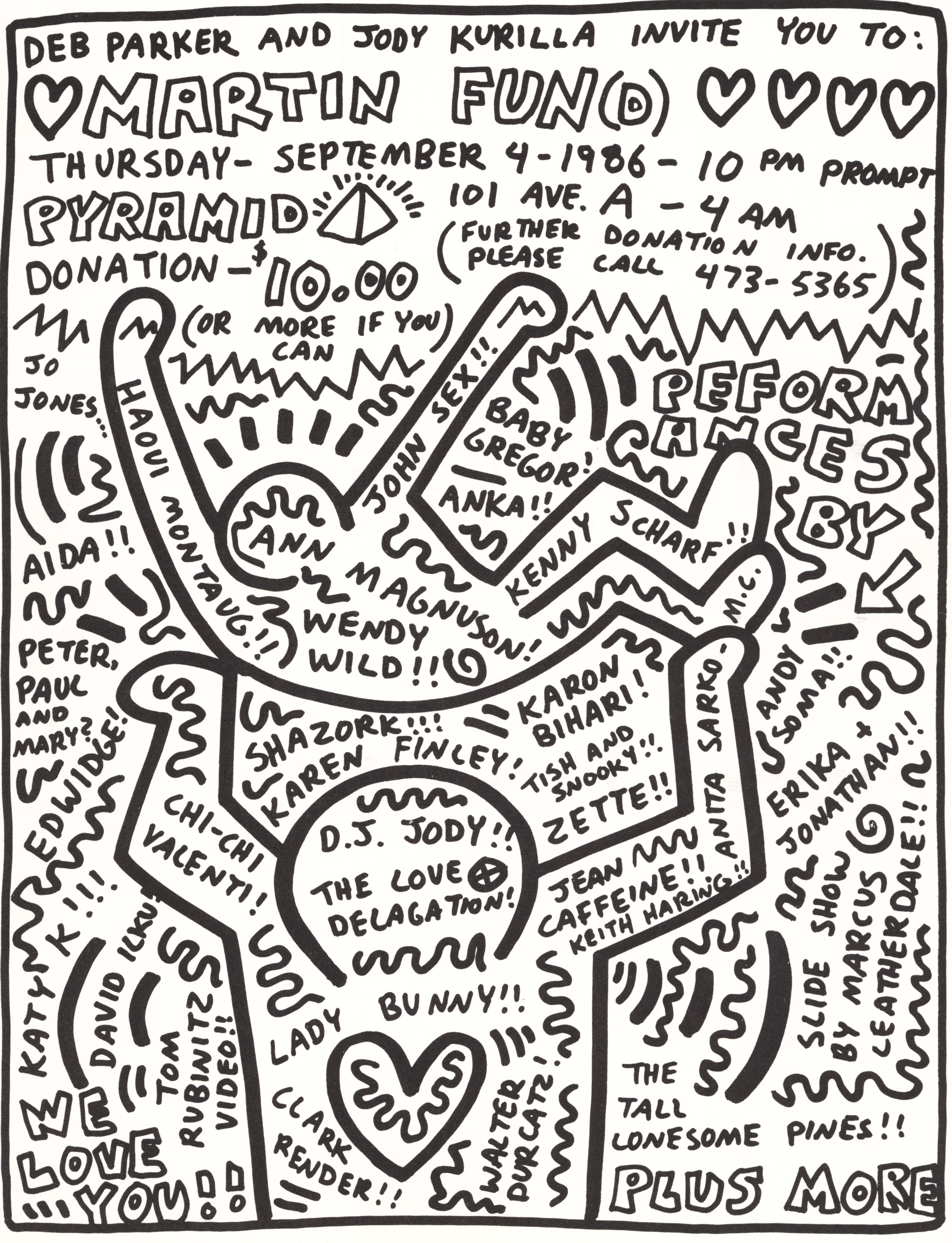 Keith Haring, Andy Warhol 1986:
Rare, highly sought-after oversized 1986 folding announcement card / poster illustrated by Keith Haring & Andy Warhol (reverse side). This seldom available piece was illustrated by Haring & Warhol on the occasion of: