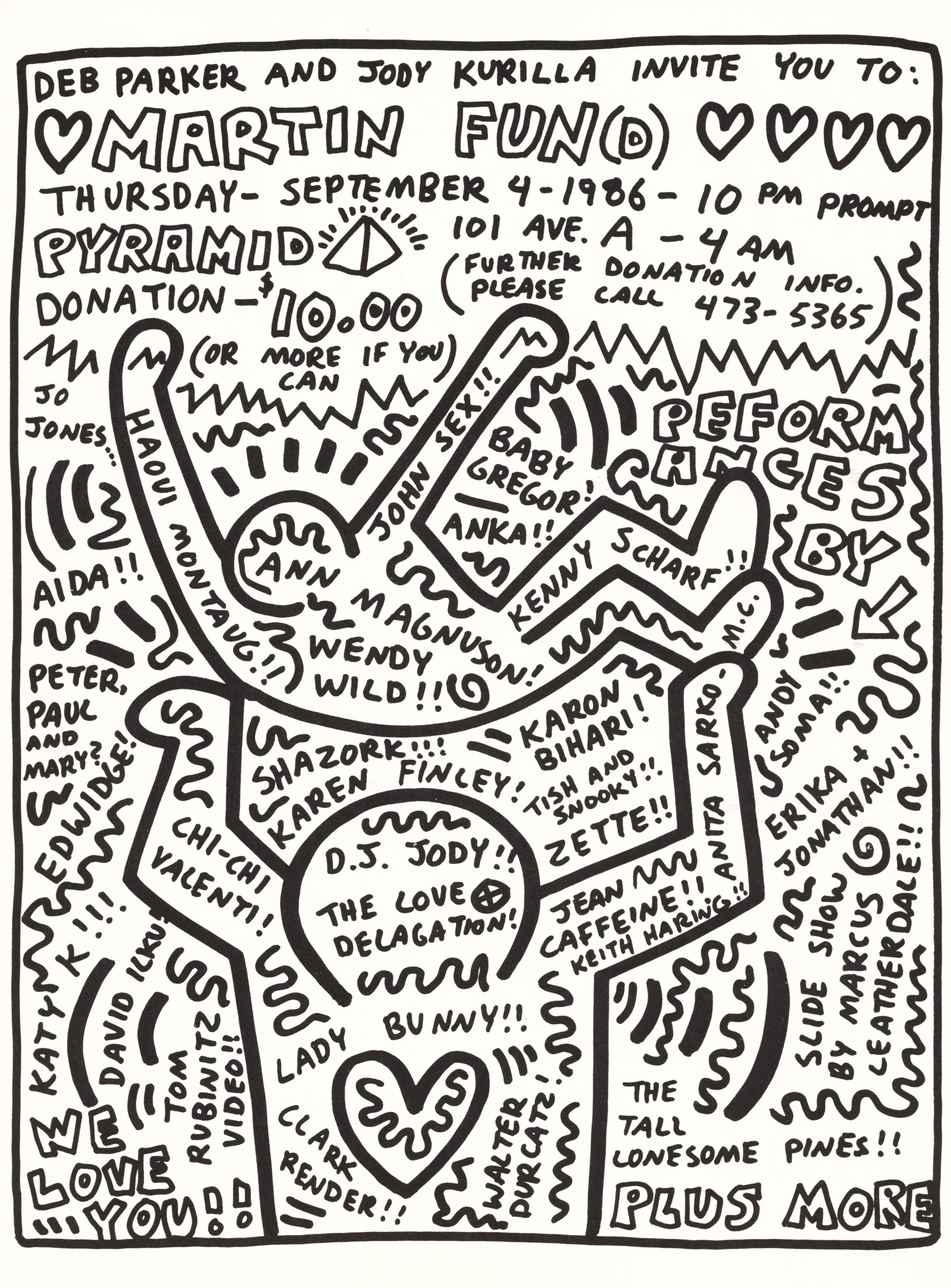 Keith Haring, Andy Warhol 1986 :
Rare, très recherché, faire-part / affiche pliante surdimensionnée de 1986 illustrée par Keith Haring & Andy Warhol (verso). Cette œuvre rarement disponible a été illustrée par Haring et Warhol à l'occasion de :