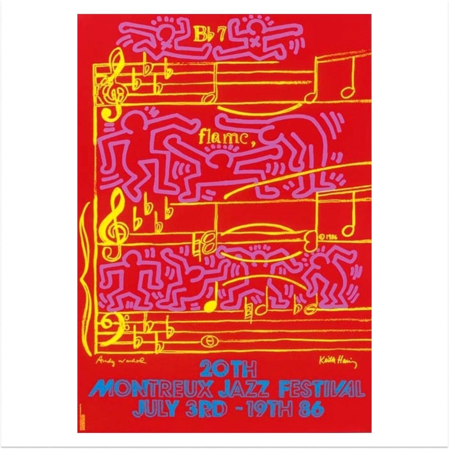 Das Montreux Jazz Festival von Keith Haring und Andy Warhol, 1986

Farbiger Siebdruck auf halbmatt gestrichenem 250-Gramm-Papier

Gedruckt von Albin Uldry

Von Keith Hairng und Andy Warhol signierte Platte 

70 x 100 cm (27.6 x 39.4 in) 

Zur Feier