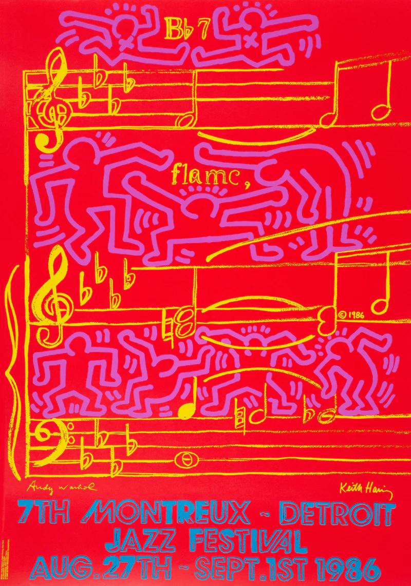 
Title: Montreux Jazz Festival 1986 Collaboration by Keith Haring & Andy Warhol

Medium: Screenprint in colors on half-matte coated 250 gr paper

Printer: Albin Uldry

Size: 70 x 100 cm (27.6 x 39.4 in)

Signature: Plate signed by Keith Haring &