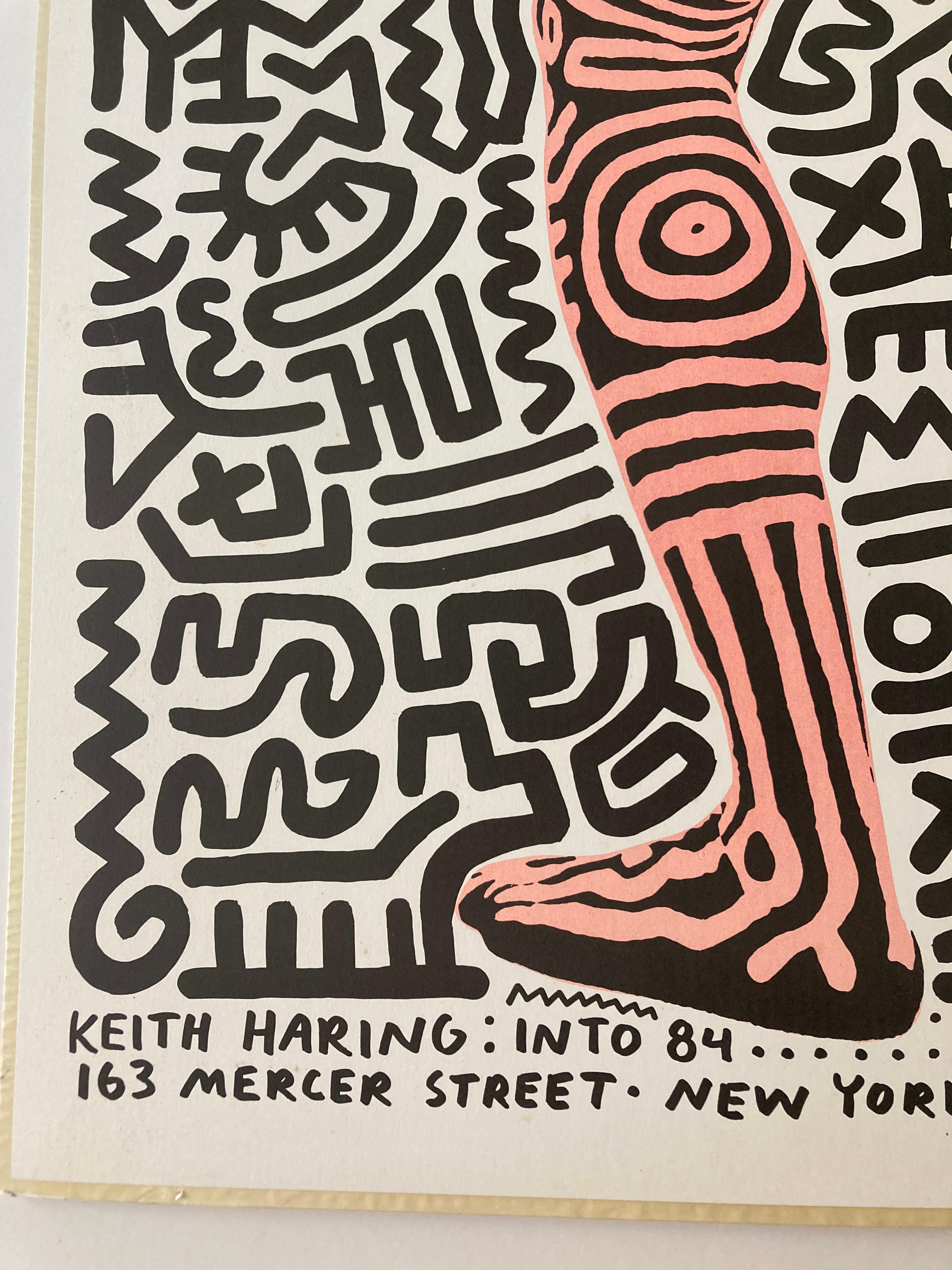 Keith Haring (1958–1990)
'Into 84' / Tony Shafrazi Gallery, 1984
Lithograph in colors
Plate signed lower right, signed in silver ink lower right on figures foot
Sheet 35⅛ in H × 23⅛ in W In vintage frame (overall with frame) 35.5in H x 23.5in W x