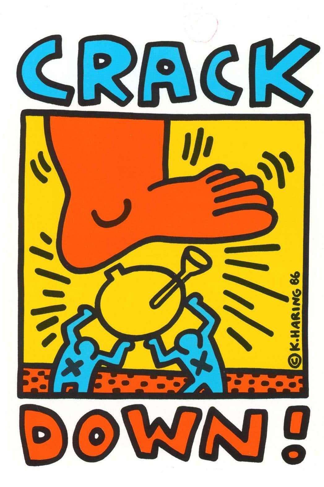 Keith Haring crack down! 1986: Vintage original 1986 Keith Haring illustrated Crack Down! benefit  program.  

This folding pamphlet was designed & illustrated by Keith Haring (along with a poster of same), for the 1986 