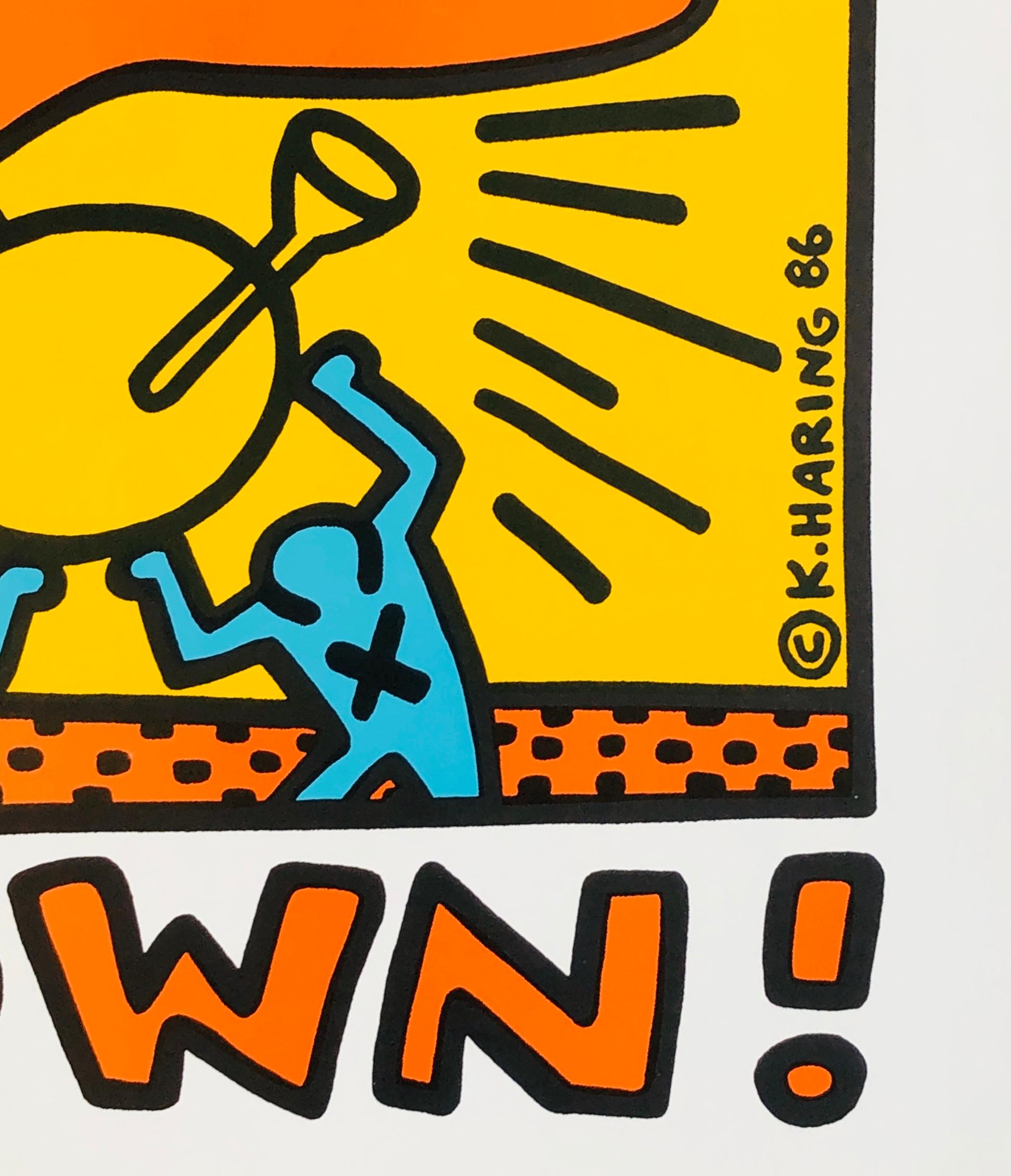Keith Haring Crack Down! 1986:
Vintage original Keith Haring anti-drug poster, 1986.

Off-set lithograph on heavy weight paper. 
Dimensions: 17 x 22 inches.
Minor signs of handling; otherwise excellent condition; well-preserved, crisp colors. 
1st